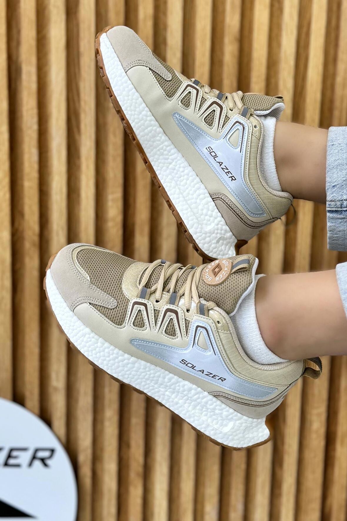 Solazer Kadın Bej Gri Ortopedik Confort Taban fileli Sneaker Günlük Spor Ayakkabı 029