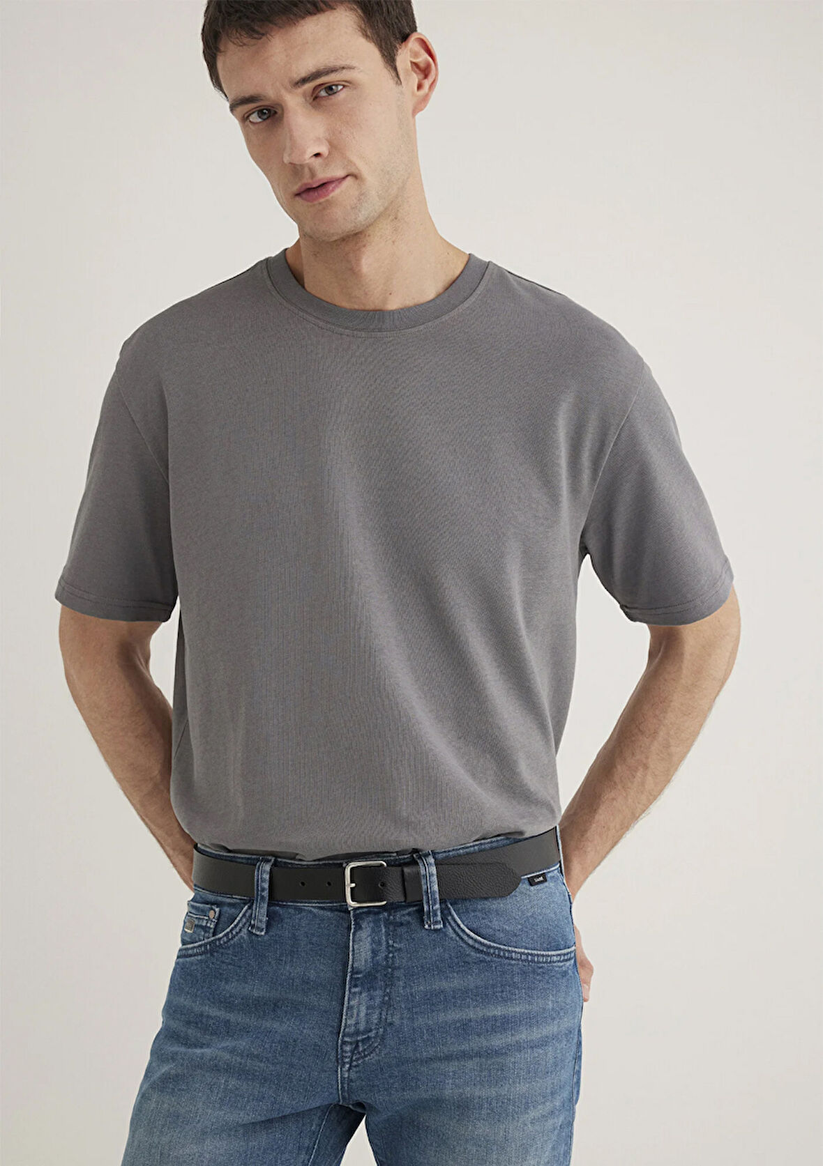 Bisiklet Yaka Gri Basic Tişört 0611596-80020