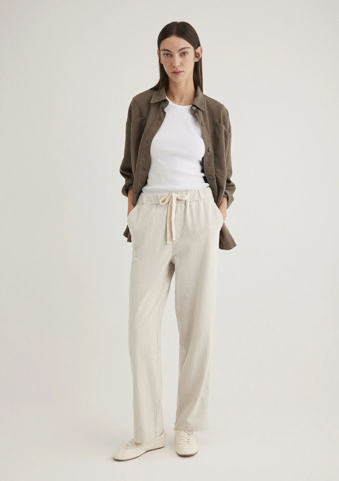 Beli Bağcıklı Bej Pantolon 1010945-35043