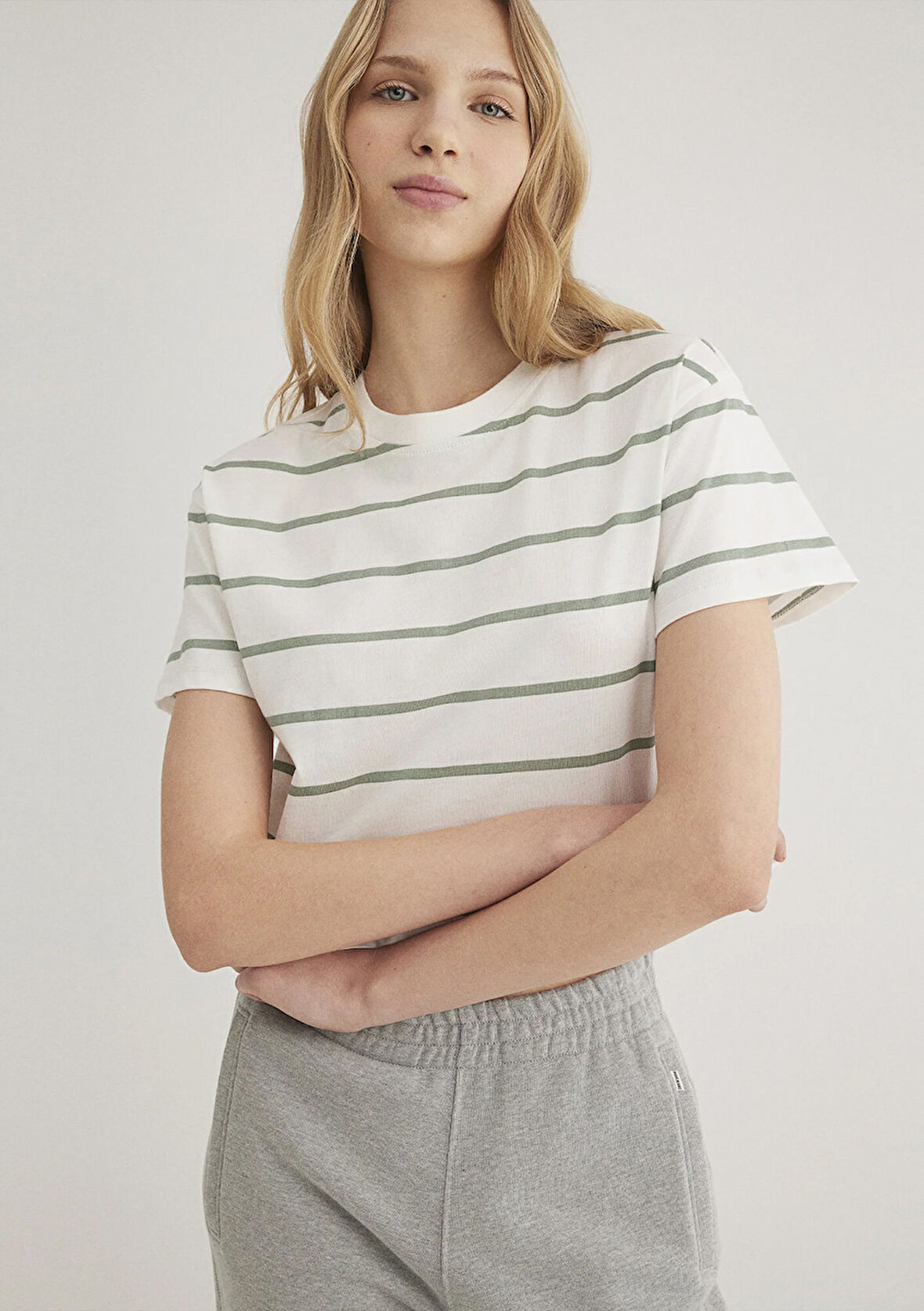 Yeşil Çizgili Crop Tişört 1612260-89333