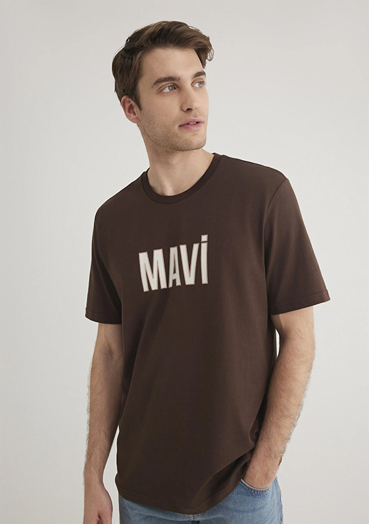 Mavi Logo Baskılı Kahverengi Tişört 066842-88067
