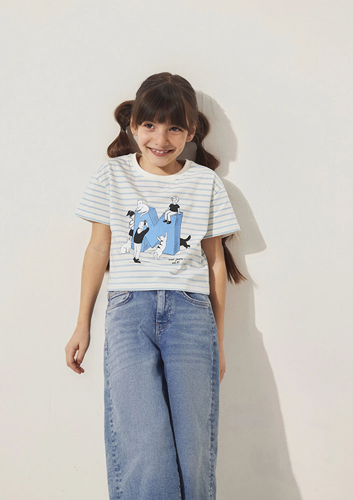 M Logo Baskılı Mavi Çizgili Ekru Tişört 7610285-83766