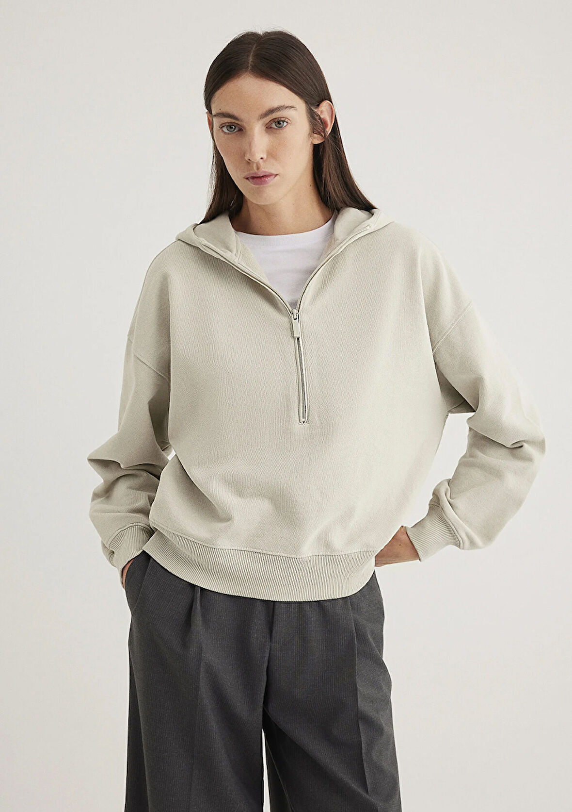 Yarı Fermuarlı Gri Sweatshirt 1S10327-70082