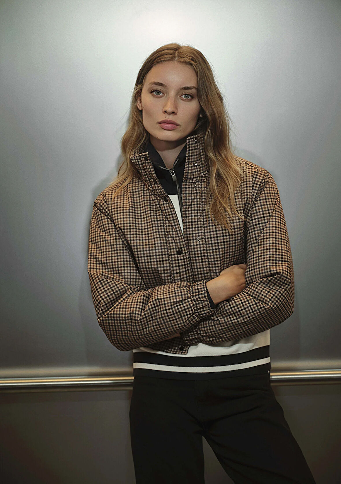 Kahverengi Kareli Şişme Mont 1110269-90373