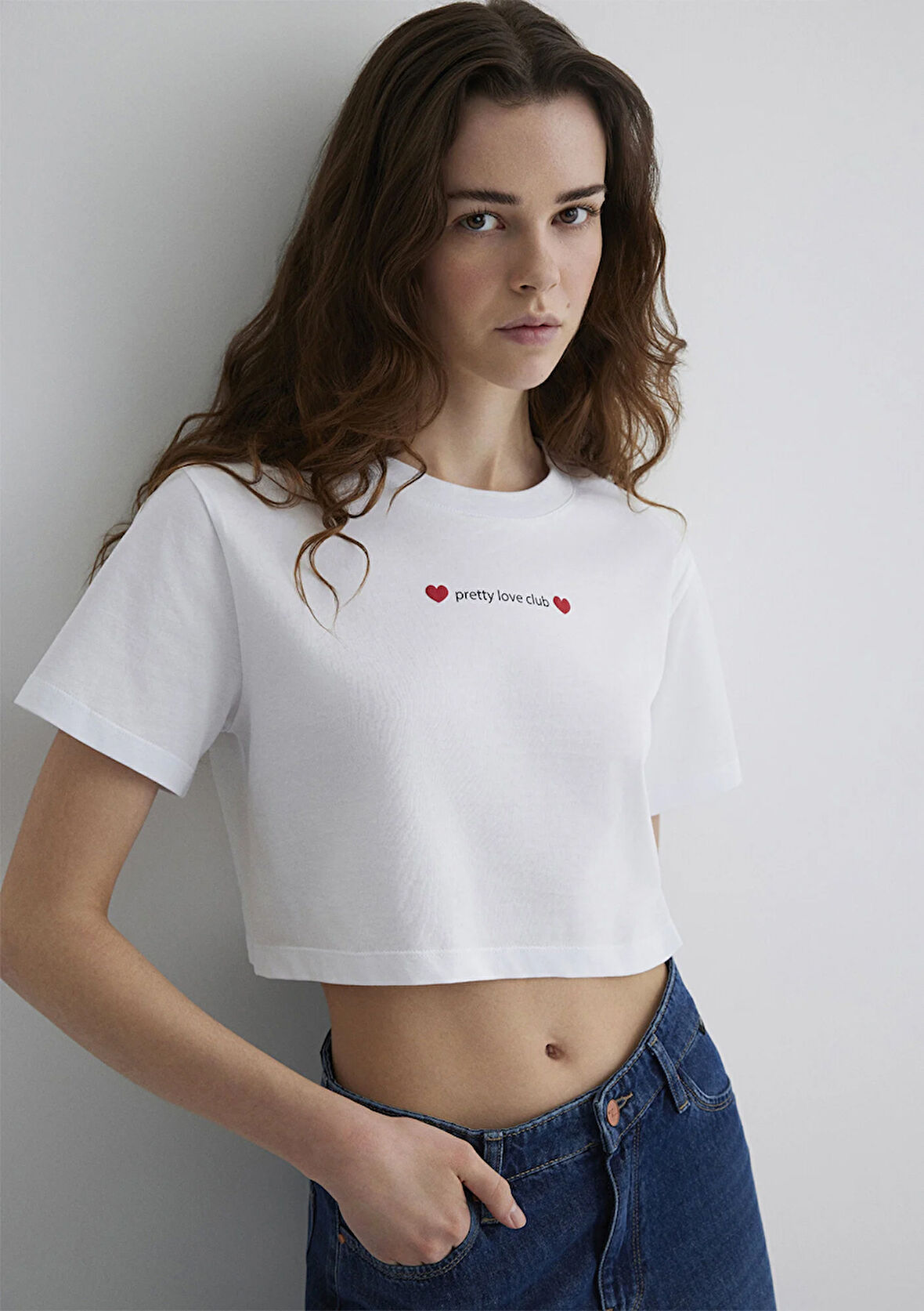 Baskılı Beyaz Crop Tişört 1613208-620