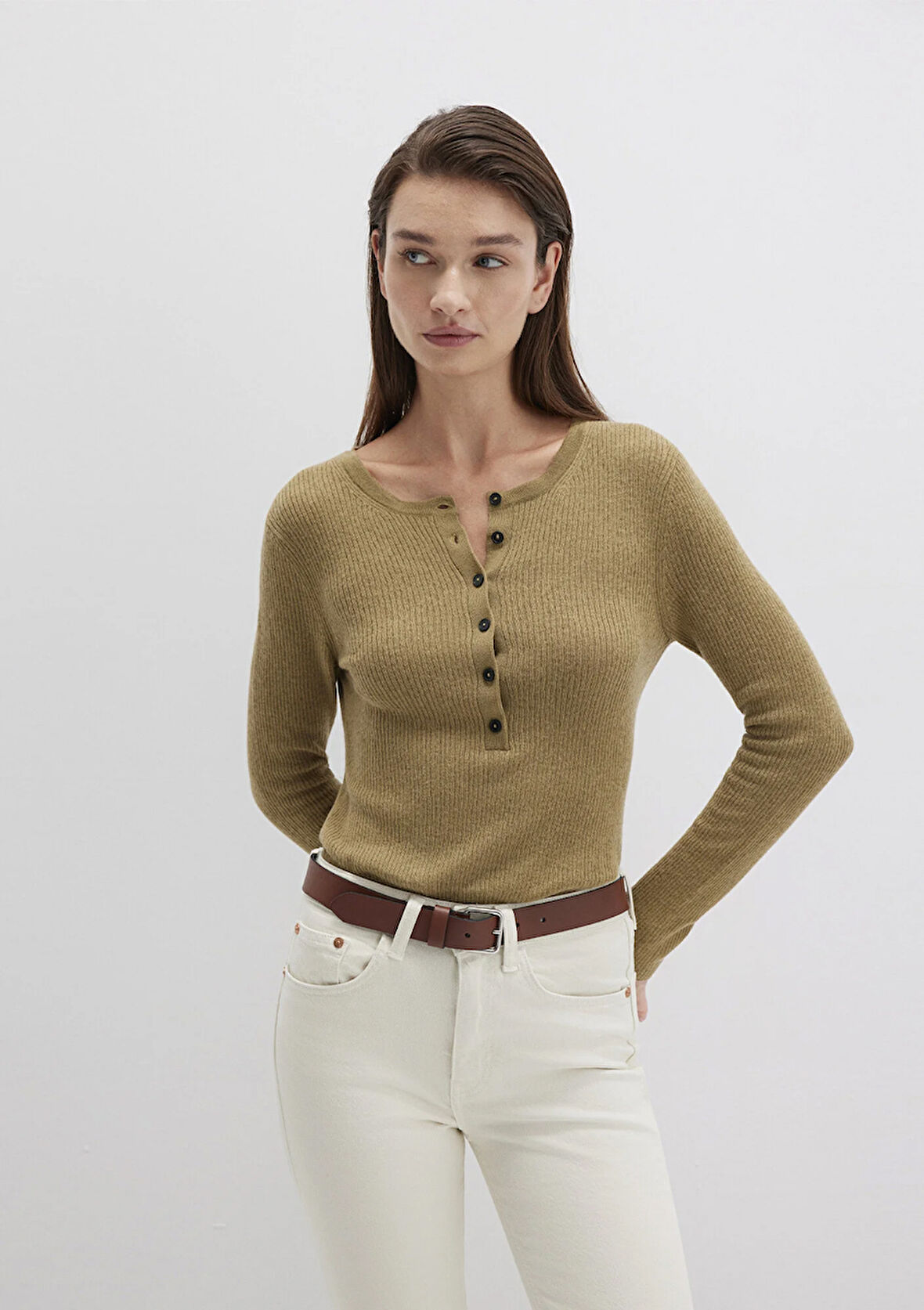 Yün Karışımlı Düğme Detaylı Yeşil Kazak 1710730-71567