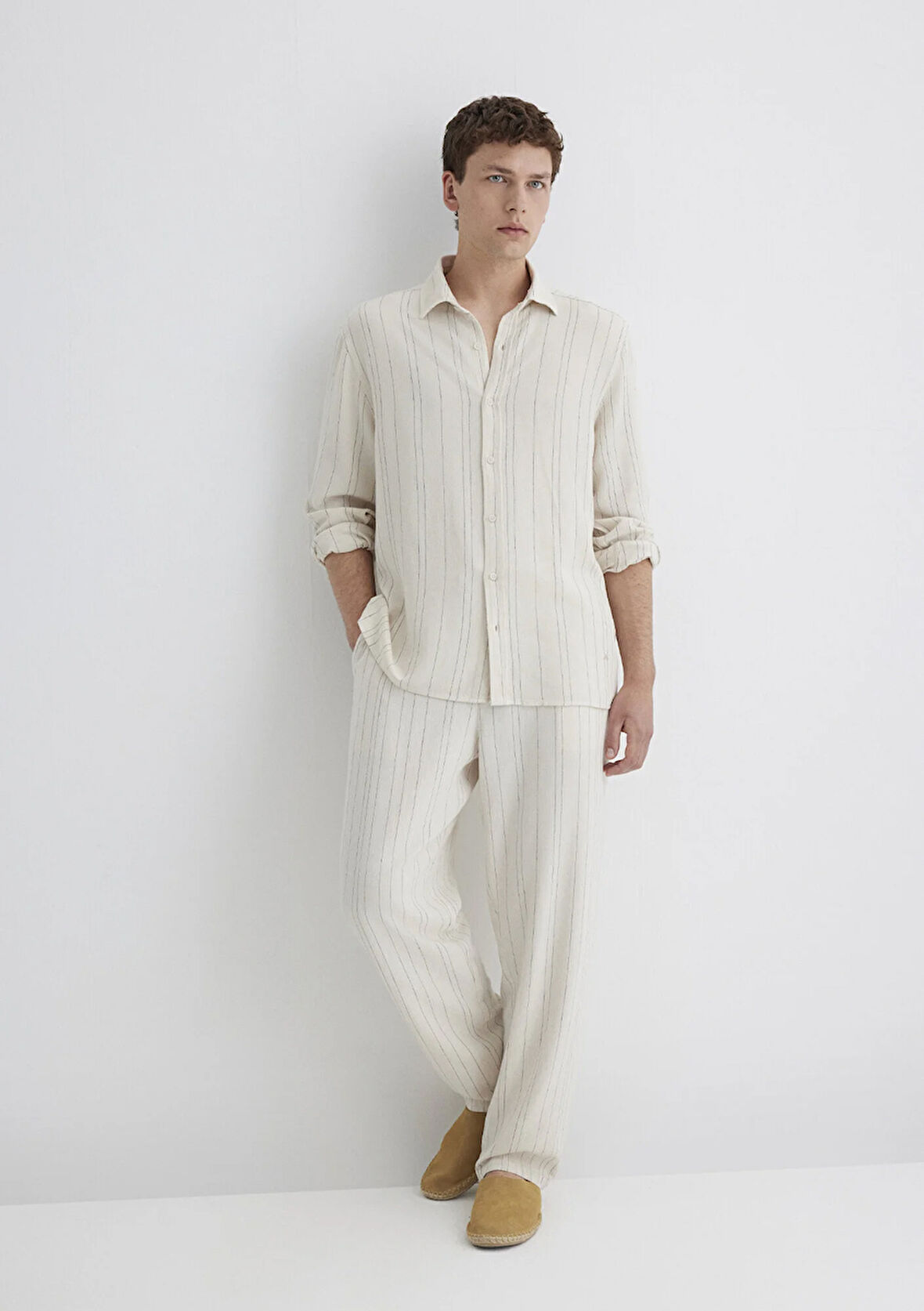 Keten Karışımlı Çizgili Bej Pantolon 0010467-83884