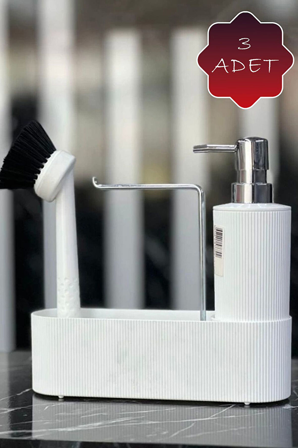 Mithra Life 3 lü Krom Kapaklı Beyaz Deterjanlık Fırçalı Mutfak Banyo Temizlik Seti Düzenleyici MIT1177