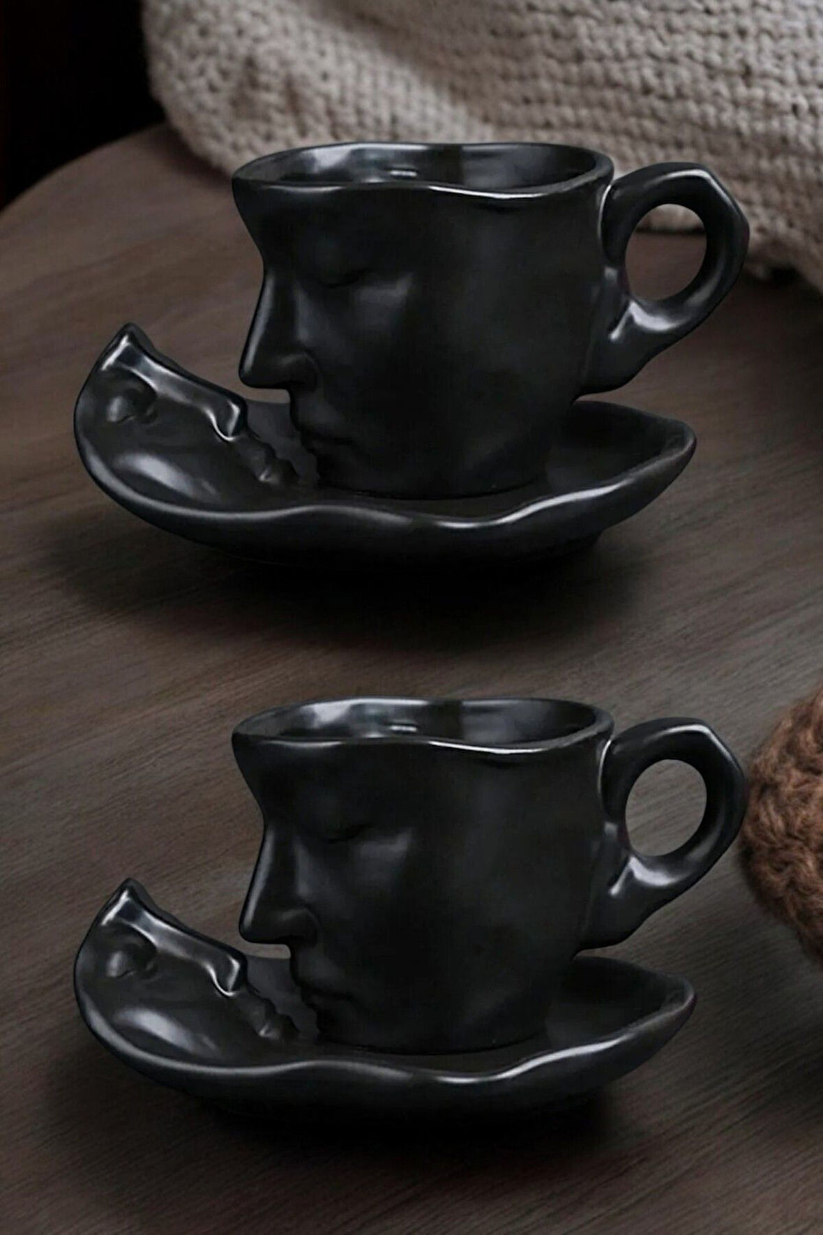 Mithra Life 2 Adet 260 ML Yüz Şekilli Seramik Siyah Fincan Takımı MIT1188