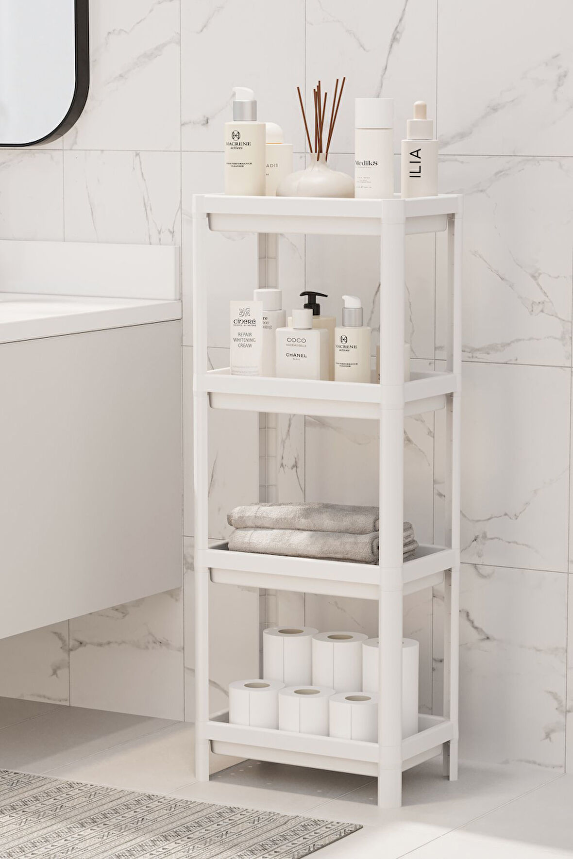 Mithra Life 4 Katlı Hazneli Plastik Beyaz Banyo Mutfak Balkon Düzenleyici Rafı MIT1191