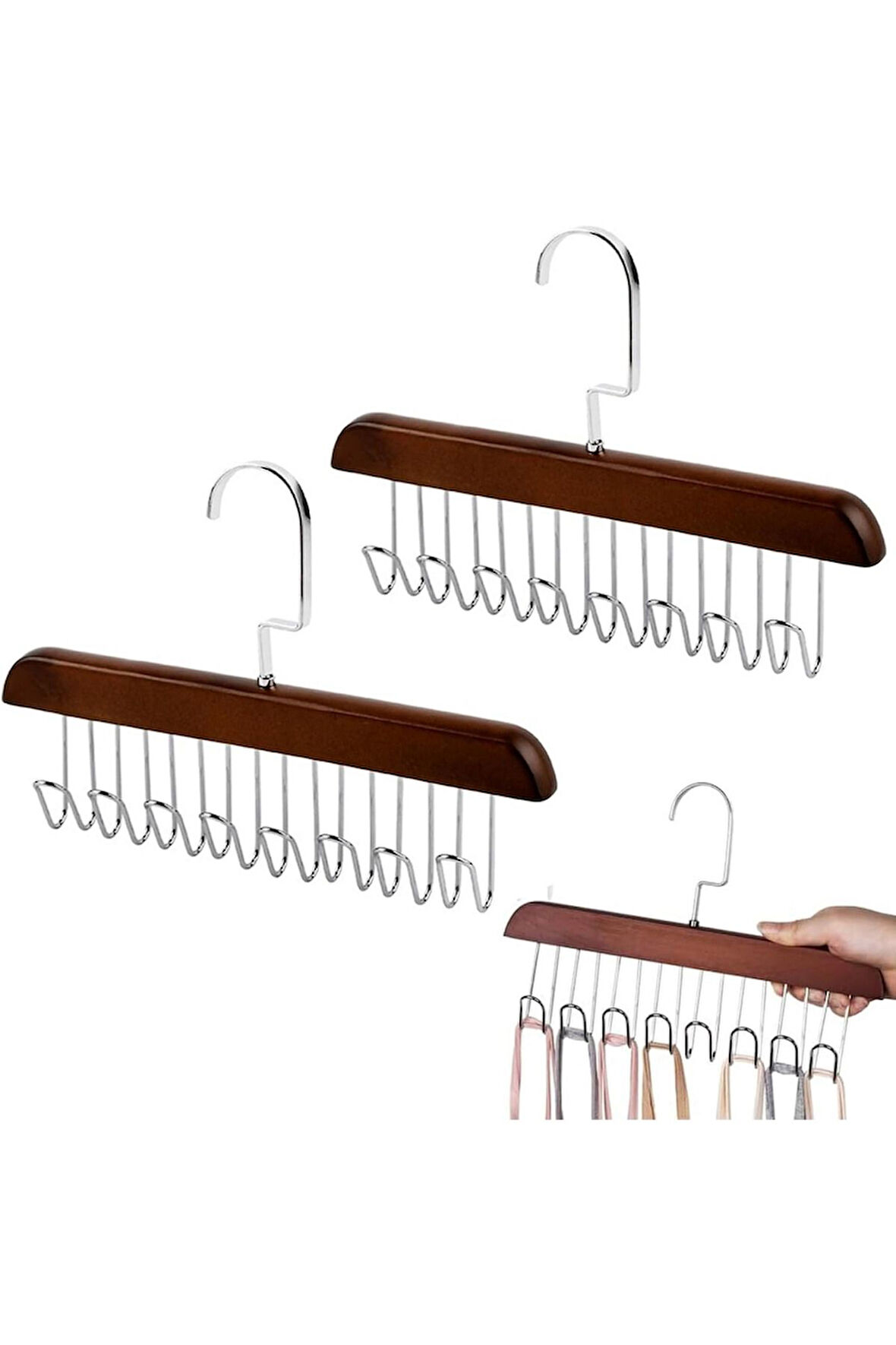 Mithra Life 8 Kancalı Kahverengi Ahşap Elbise Eşarp Kravat Kemer Çanta Askısı MIT1219