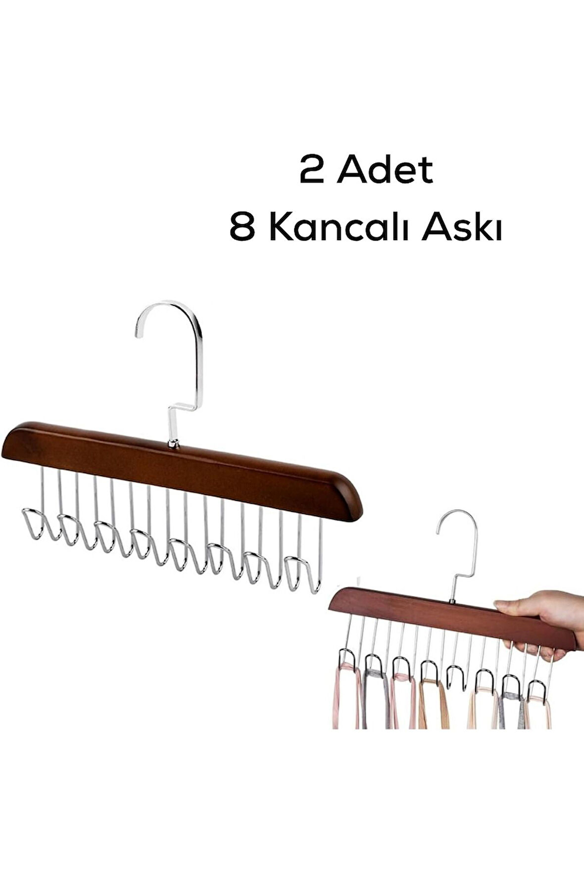 Mithra Life 2 Adet 8 Kancalı Kahverengi Ahşap Elbise Eşarp Kravat Kemer Çanta Askısı MIT1220