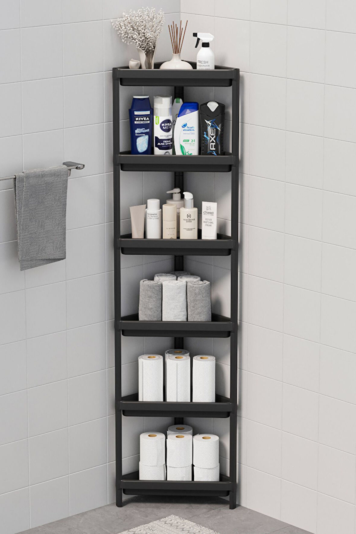 Mithra Life 6 Katlı Üçgen Plastik Siyah Banyo Mutfak Rafı MIT1234