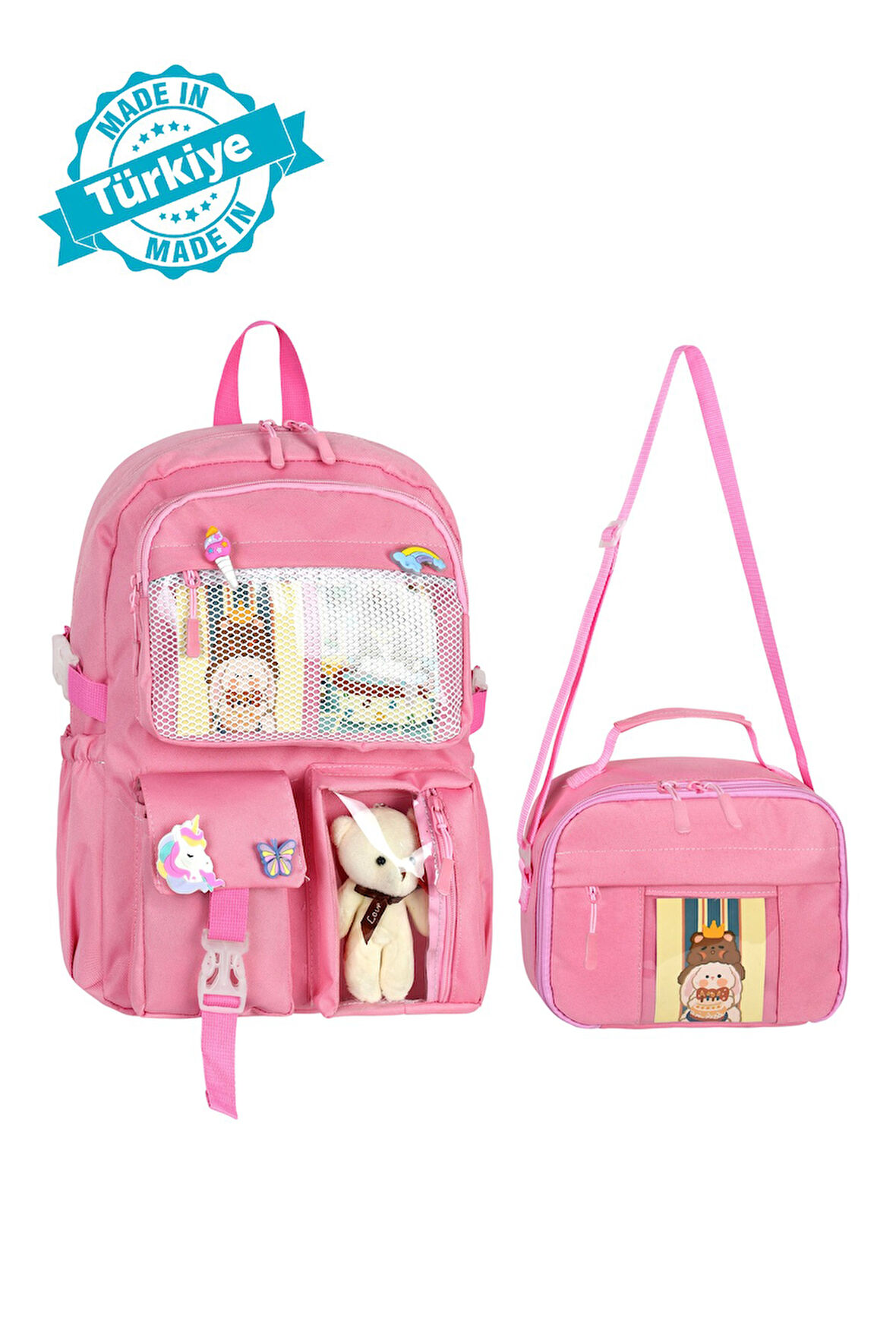 Kawaii Kore Tarzı Aksesuarlı İlkokul Sırt Çantası Kız Ve  Termoslu Beslenme Çantası Set
