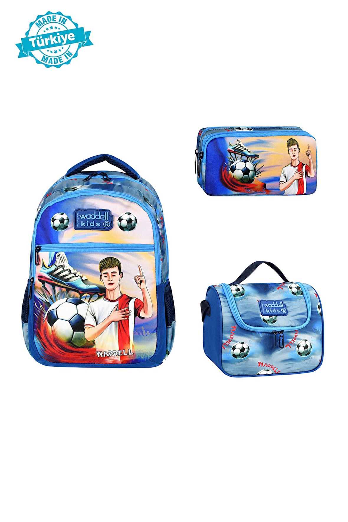 Waddell Lisanslı Futbol Temalı İlkokul Sırt Çantası,Termal Beslenme Çantası Ve Kalemlik,3'lü Set