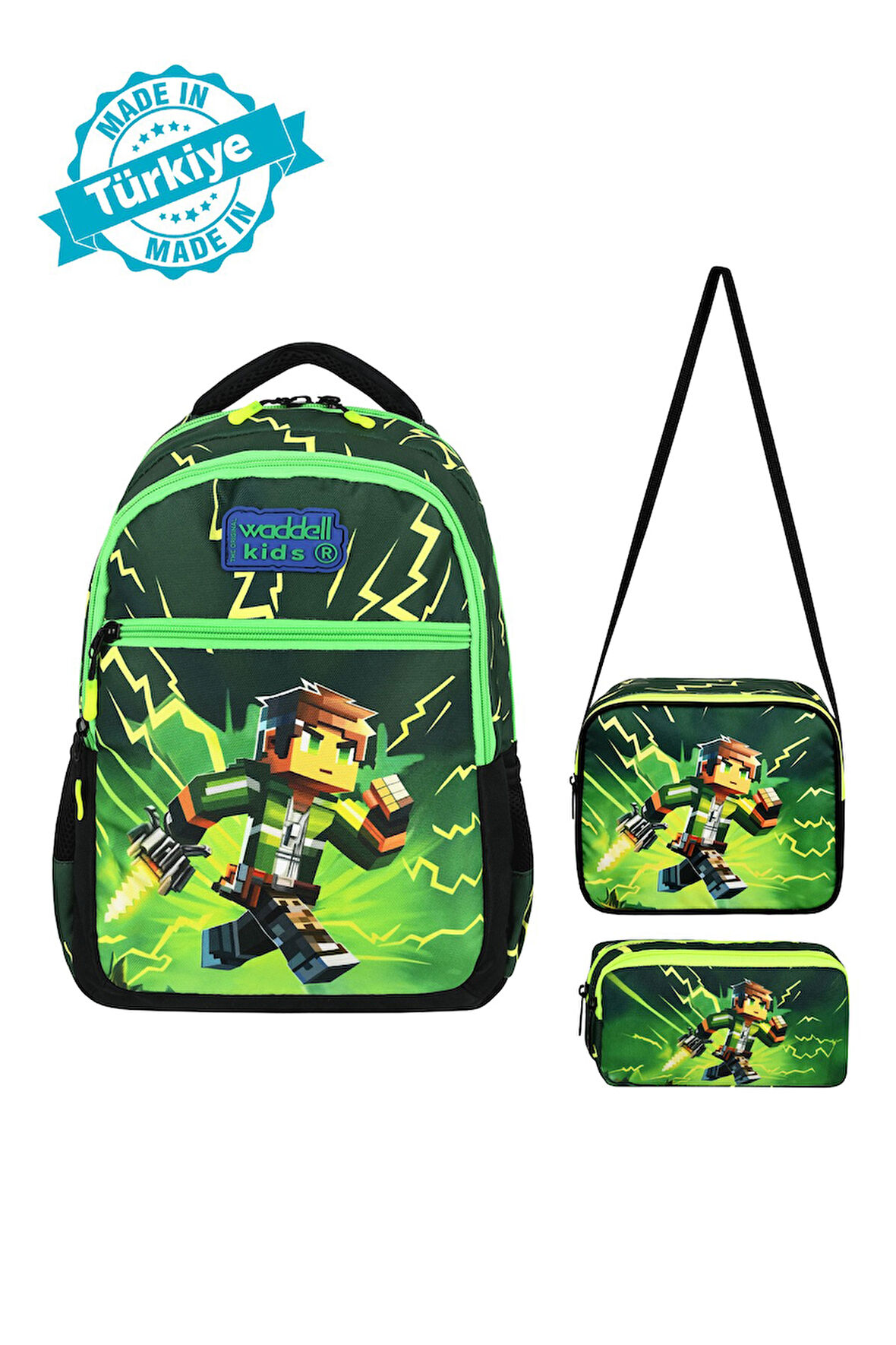 Waddell Mycraft Creeper İlkokul Sırt Çantası,Beslenme Çantası Ve 2 Cepli Kalem Kutusu