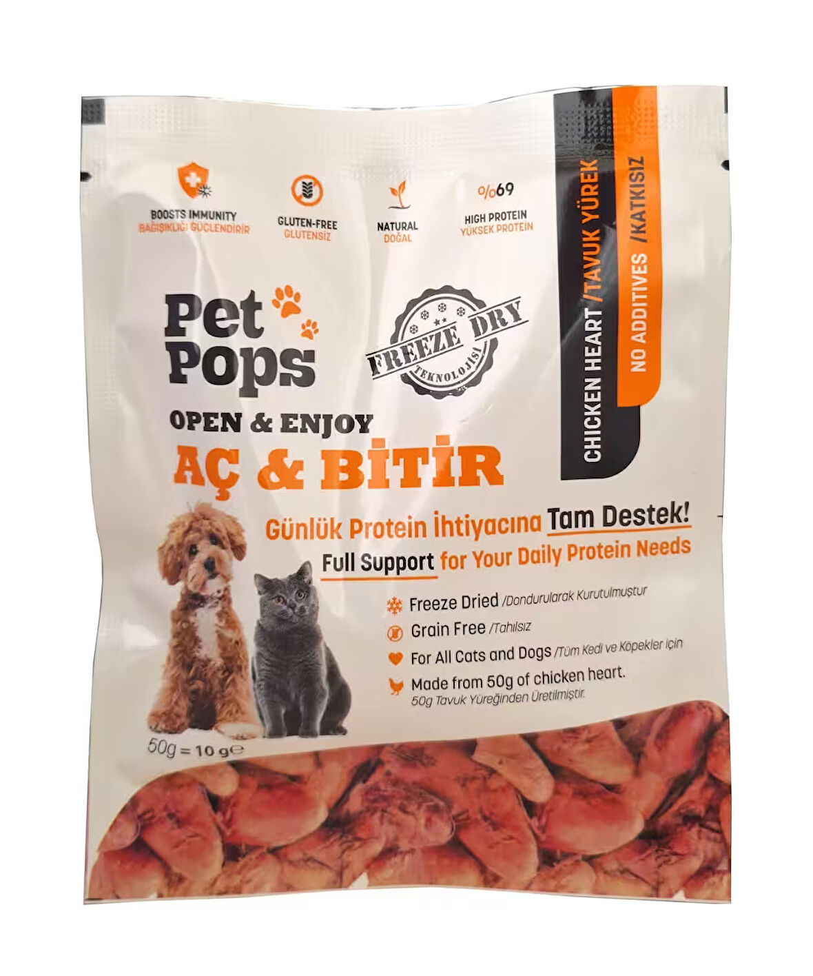 Kedi ve Köpekler için %100 doğal Aç-Bitir Mama - Dondurularak Kurutulmuş 10 gr Tavuk Yürek