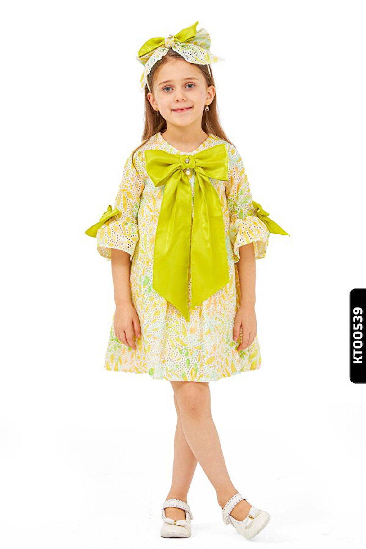 A-line Kalıplı Büzgülü Kollu Kurdele Detaylı Yay Başörtülü Kız Çocuk Elbise 1-5 Yaş 6564