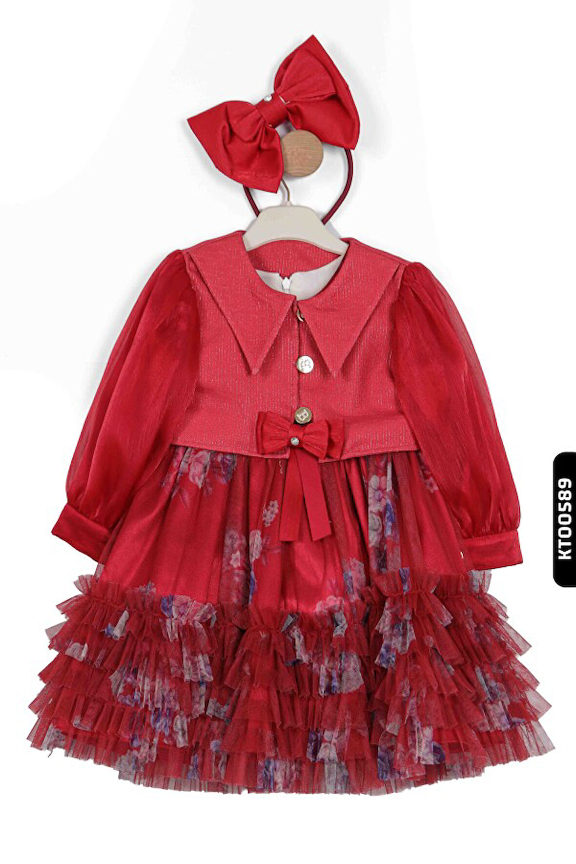 Tüllü Fırfırlı Mendil Kollu Çiçekli Sivri Yakalı 3lü Kız Çocuk Elbise 3-7 Yaş 2806