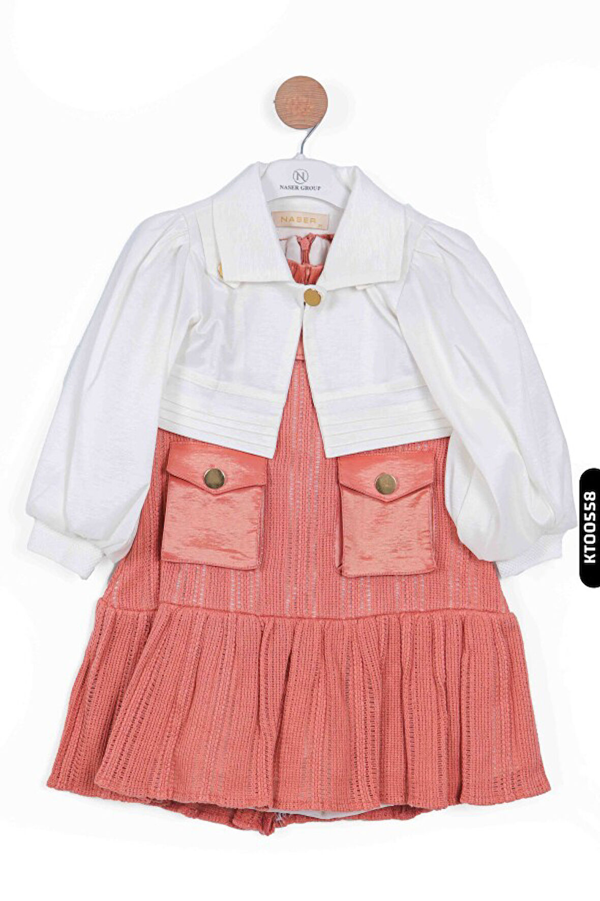 Cepli Ajurlu Bebe Yakalı Balon Kollu Fırfırlı 2li Kız Çocuk Elbise 3-6 Yaş 2508