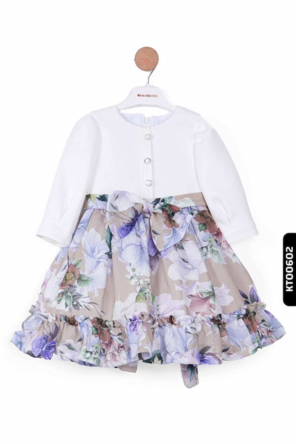 Büzgülü Kollu Bohçalı Çiçekli Frıfırlı Kız Çocuk Elbise 2-6 Yaş 10039