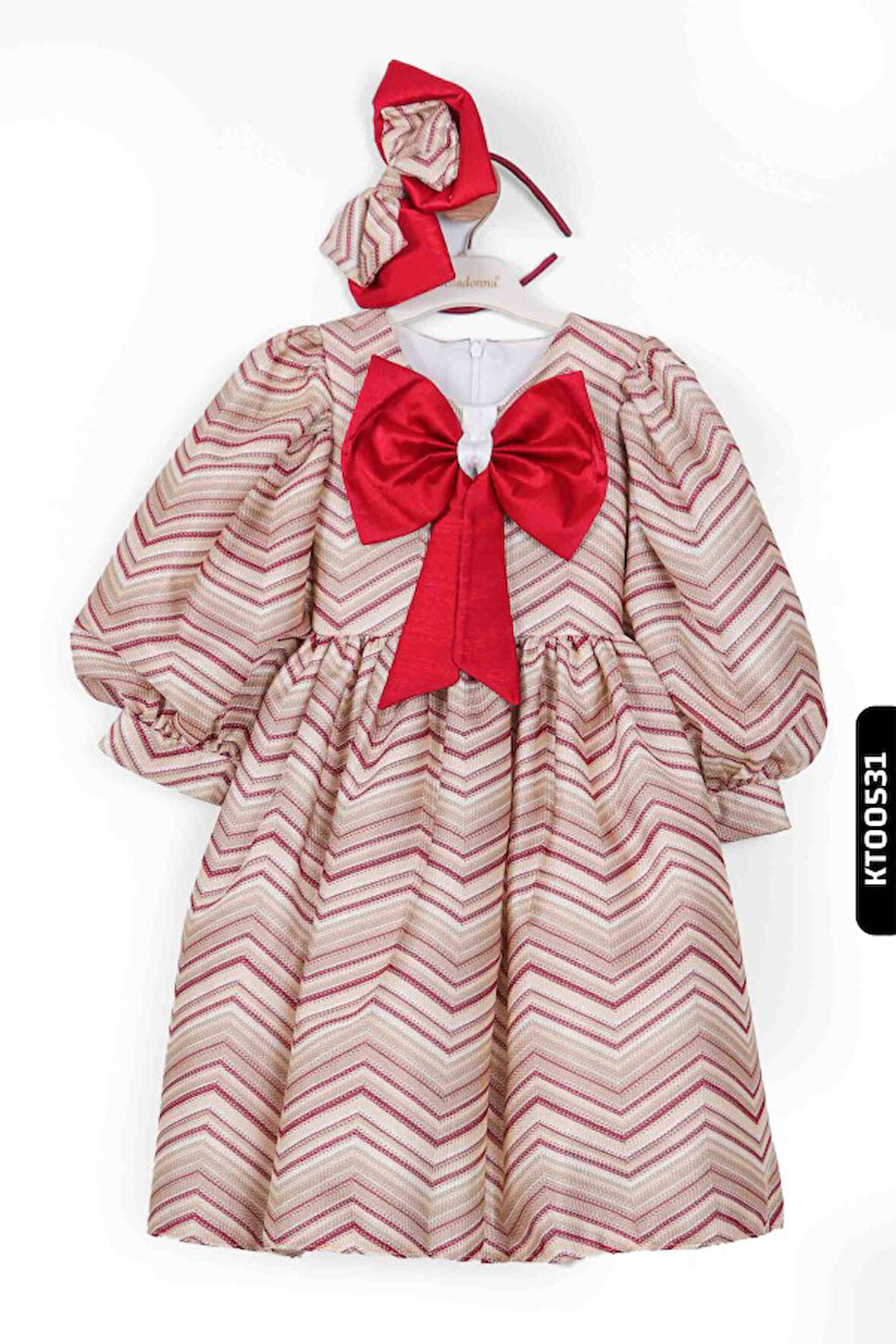 Balon Kollu Prenses Kalıplı Şevron Desenli Şapkalı Kız Çocuk Elbise 4-12 Yaş 6504