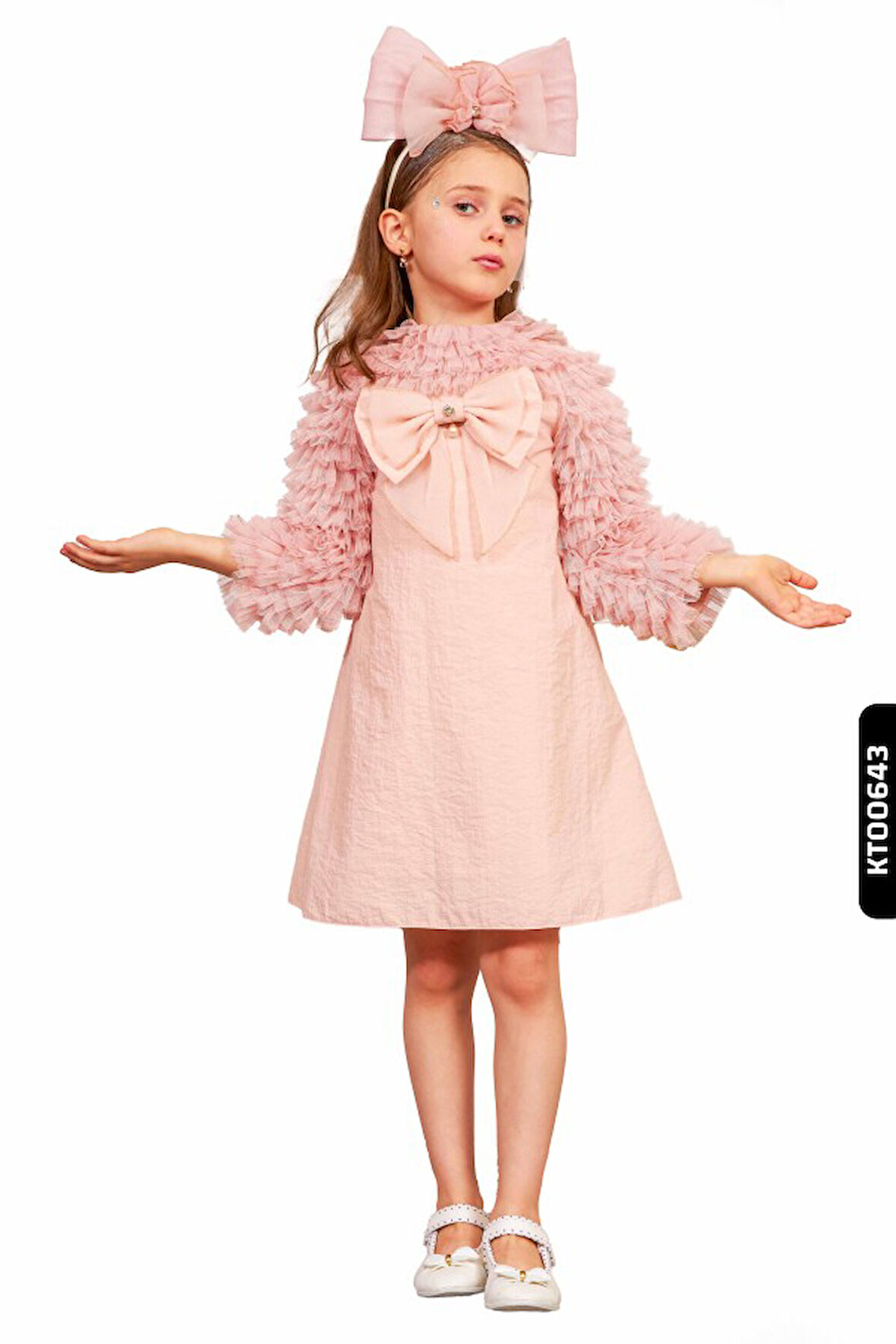 Büzgülü Kollu Bohçalı Palyaço Yakalı A-Line Formu Kız Çocuk Elbise 3-10 Yaş 6539