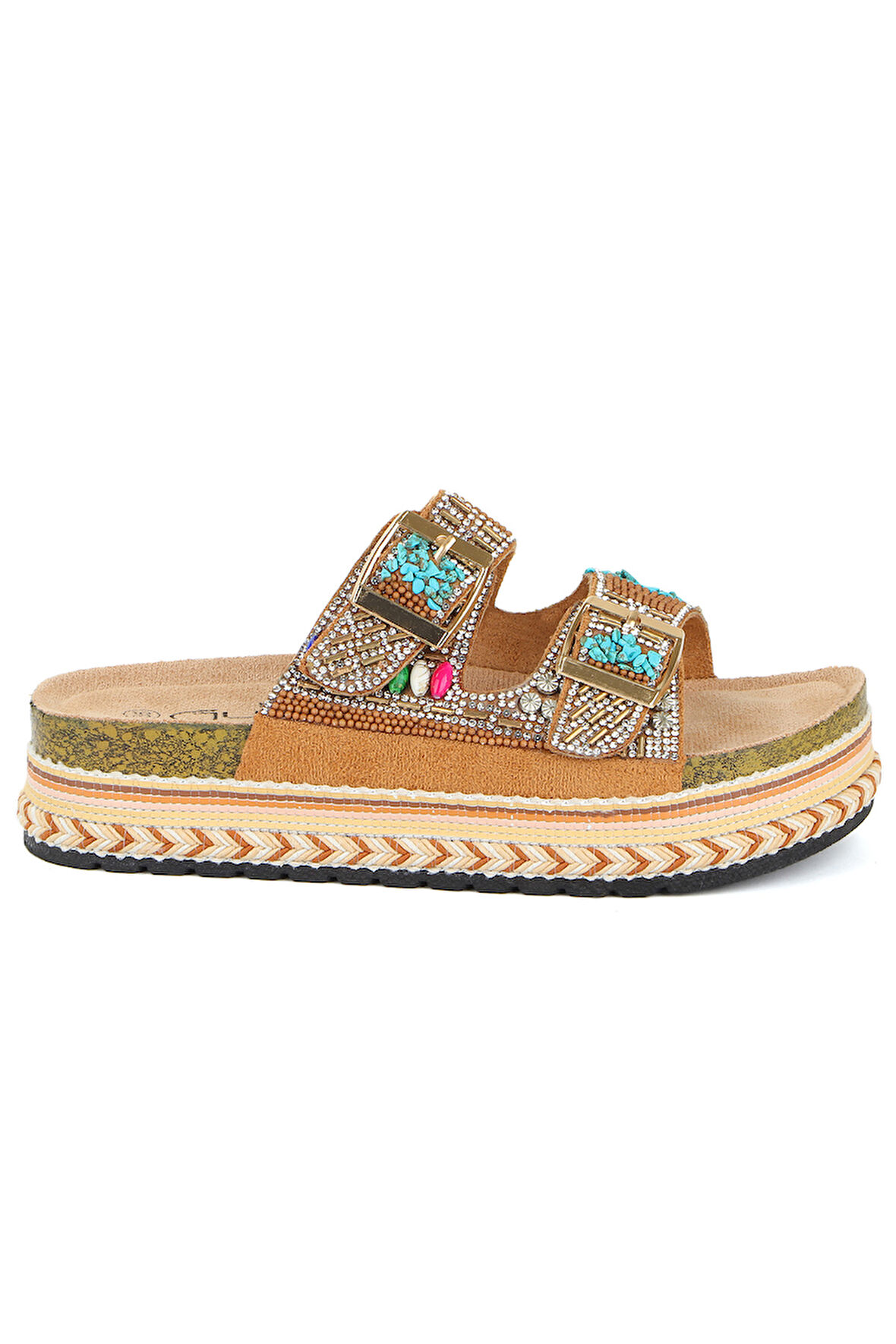 Guja 25y103 Kadın Mantar Platform Taban Taşlı Çift Toklaı Comfort Terlik Camel