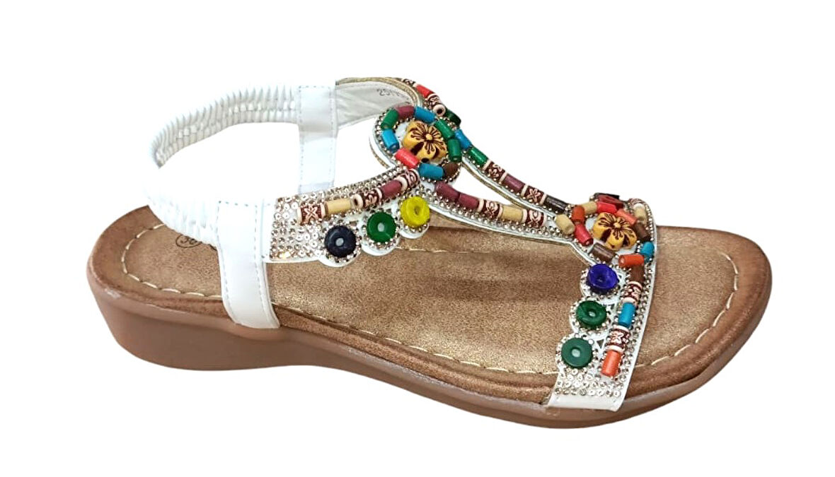 Guja 25y150-1 Kadın Taşlı Düz Taban Comfort Sandalet Beyaz