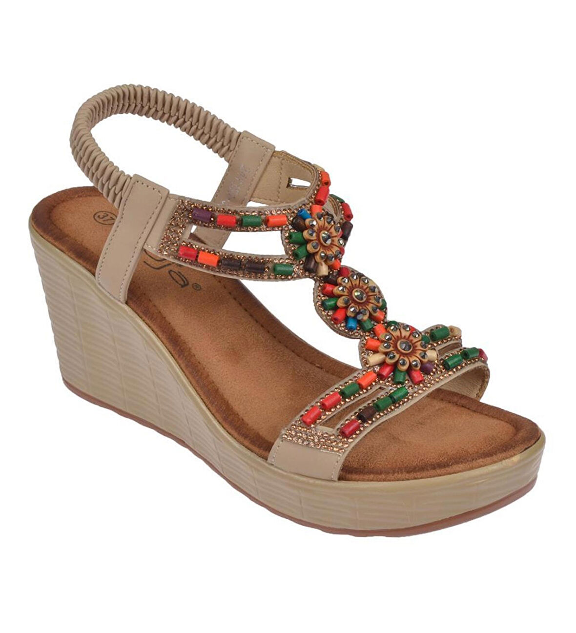 Guja 25y155 Kadın Taşlı Dolgu Topuklu Lastikli Comfort Sandalet Bej