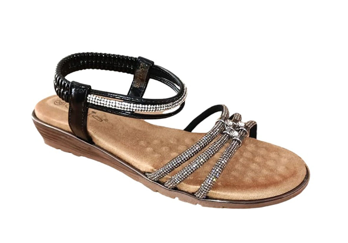 Guja 25y174 Kadın Taşlı Düz Taban Abiye Sandalet Siyah