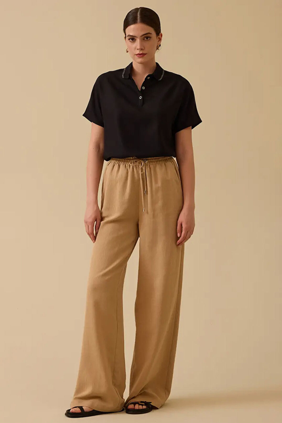 Kadın Bağcıklı Bol Paça Keten Pantolon - Camel | 38