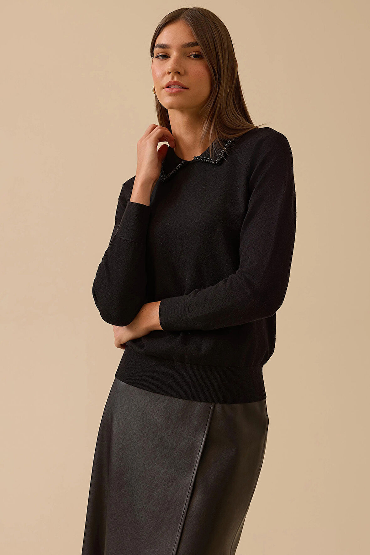 Seçil Kadın Boncuk Detaylı Bel Boy Triko Bluz 0008 Siyah
