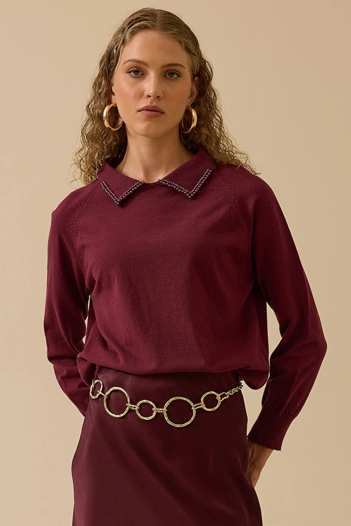 Seçil Kadın Boncuk Detaylı Bel Boy Triko Bluz 0008 Bordo
