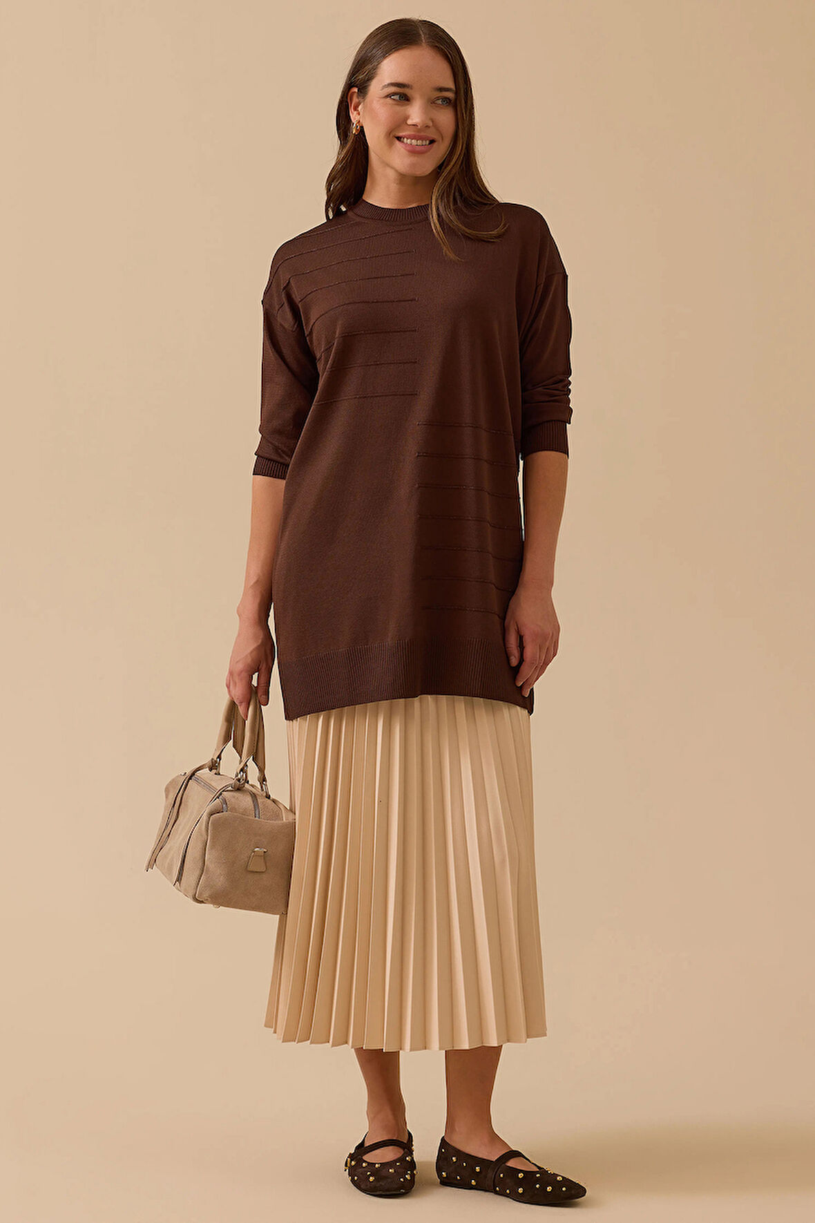 Seçil Kadın Çizgi Desen Detaylı Triko 1006 Kahverengi