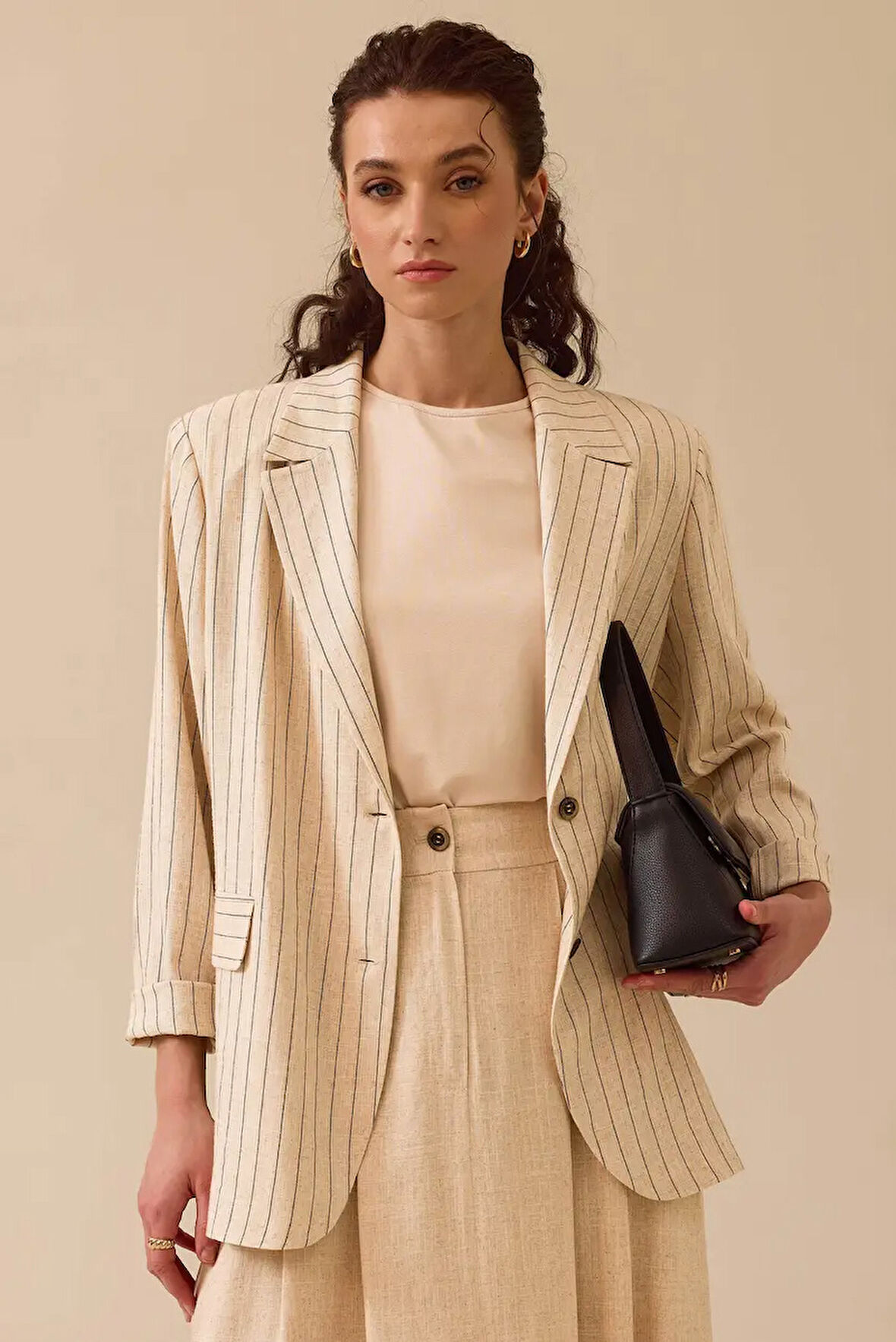 Kadın Çizgili Keten Ceket - Bej | 42