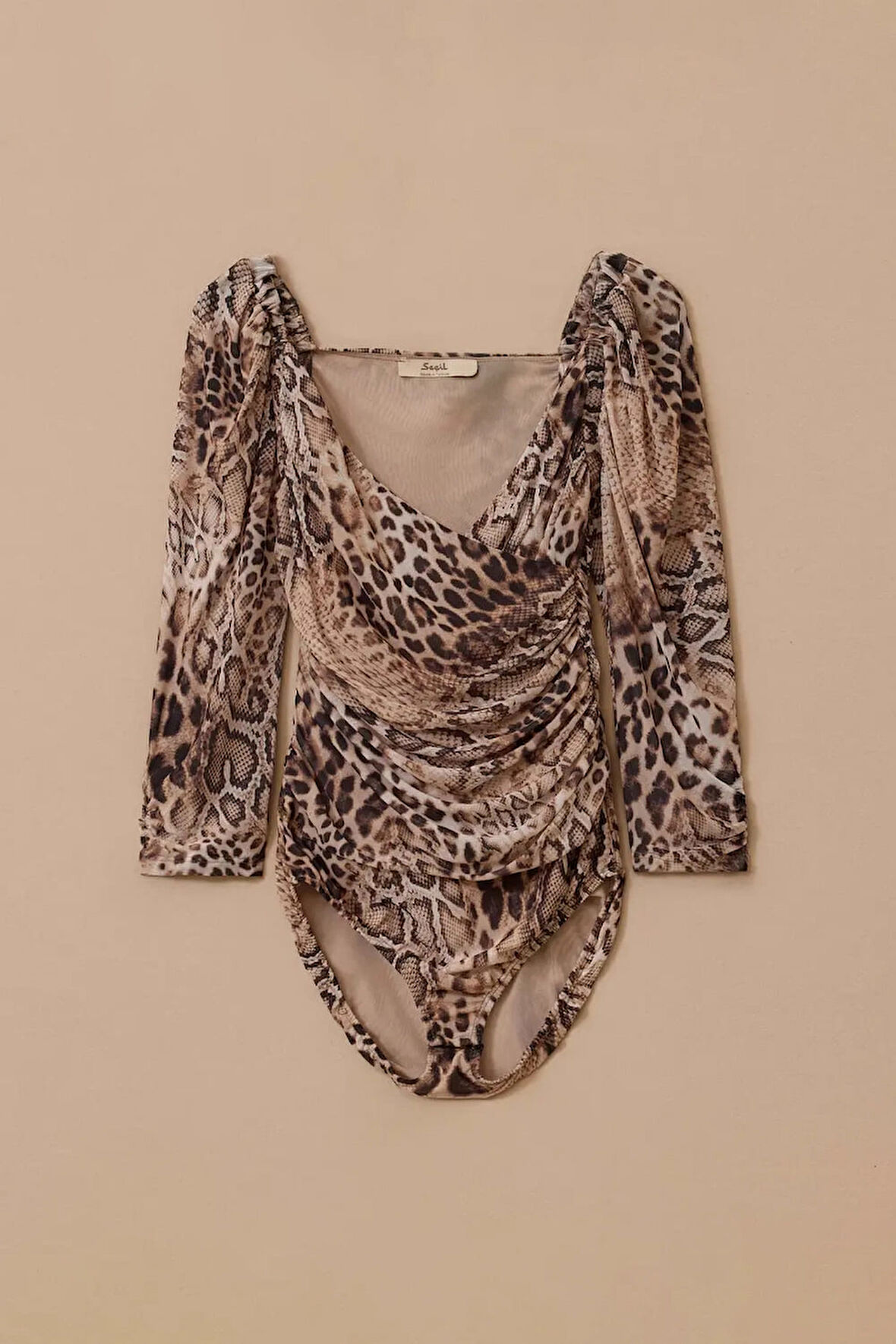 Kadın Kruvaze Leopar Desenli Çıtçıtlı Bluz - Camel | M