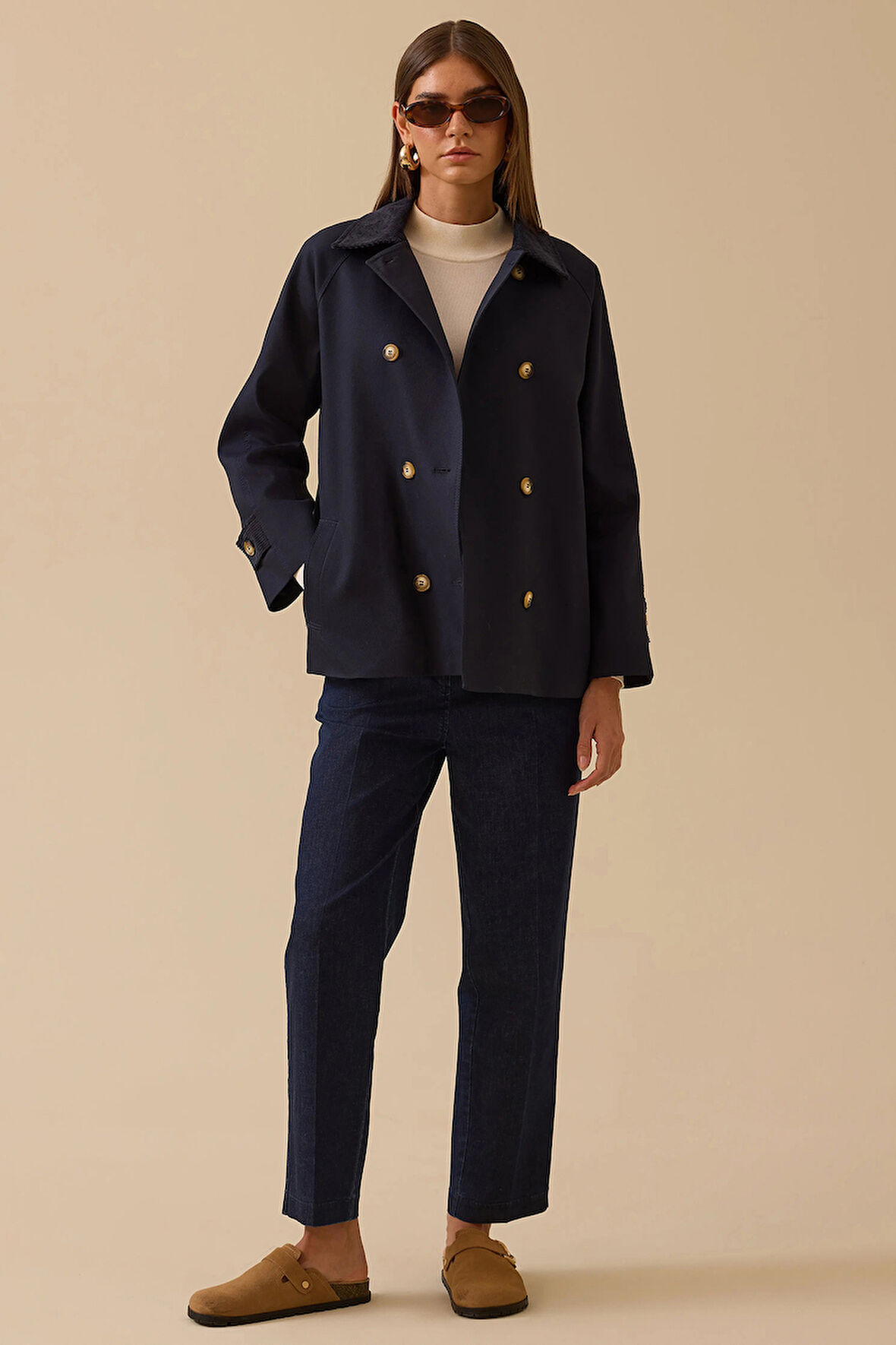 Seçil Kadın Düğmeli Cep Detaylı Kısa Trençkot 0001 Lacivert