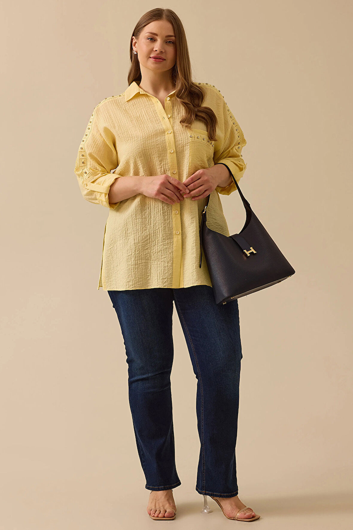 Galaxi Kadın Büyük Beden Taş Detaylı Dokulu Gömlek 4023 Sarı