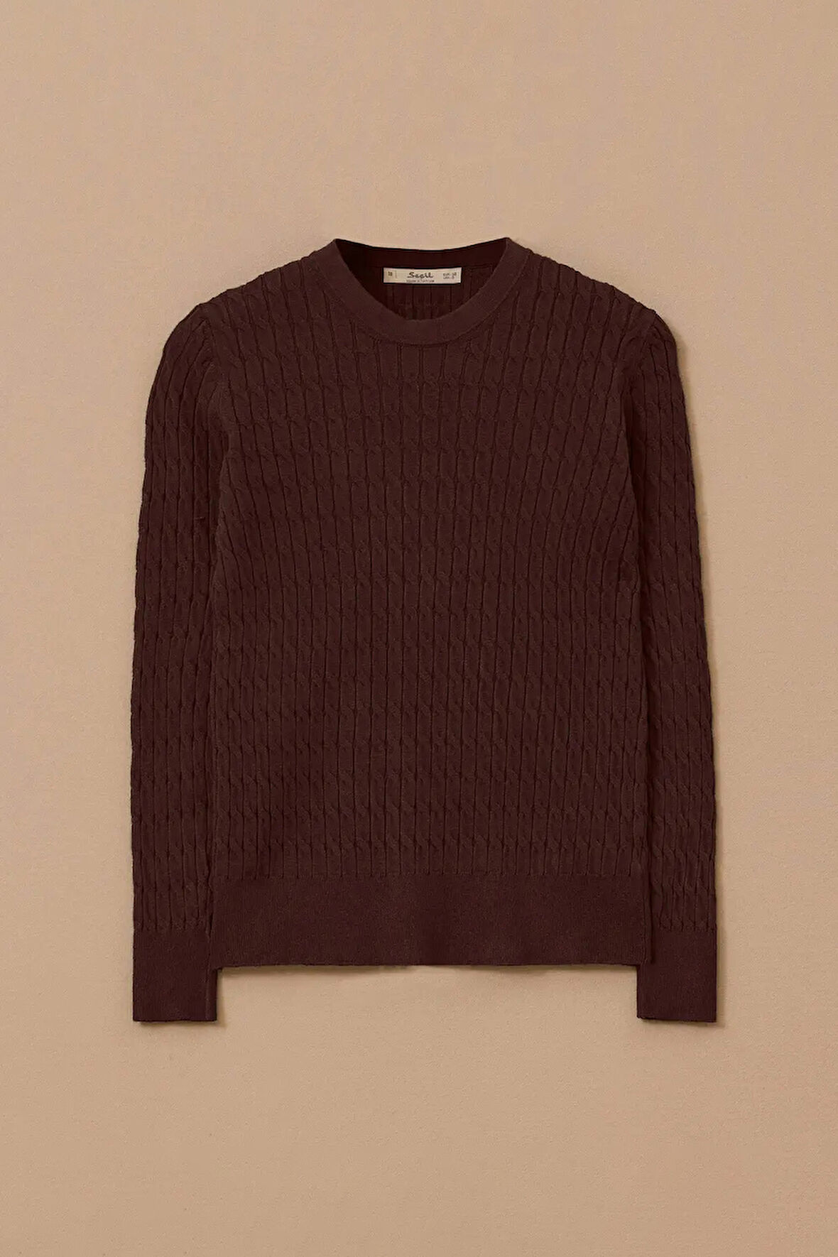 Kadın Örgü Desen Sıfır Yaka Triko - Kahverengi | S