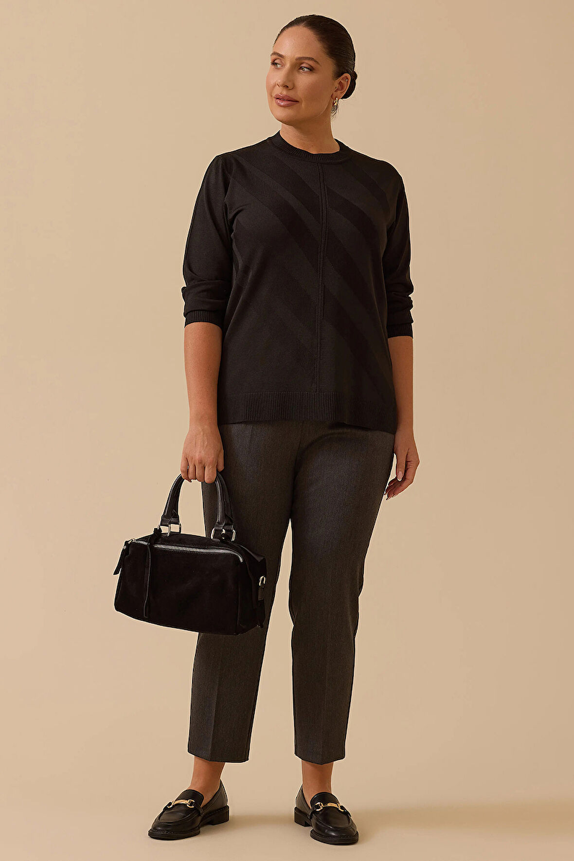 Galaxi Kadın Büyük Beden Desenli Triko Bluz 4006 Siyah