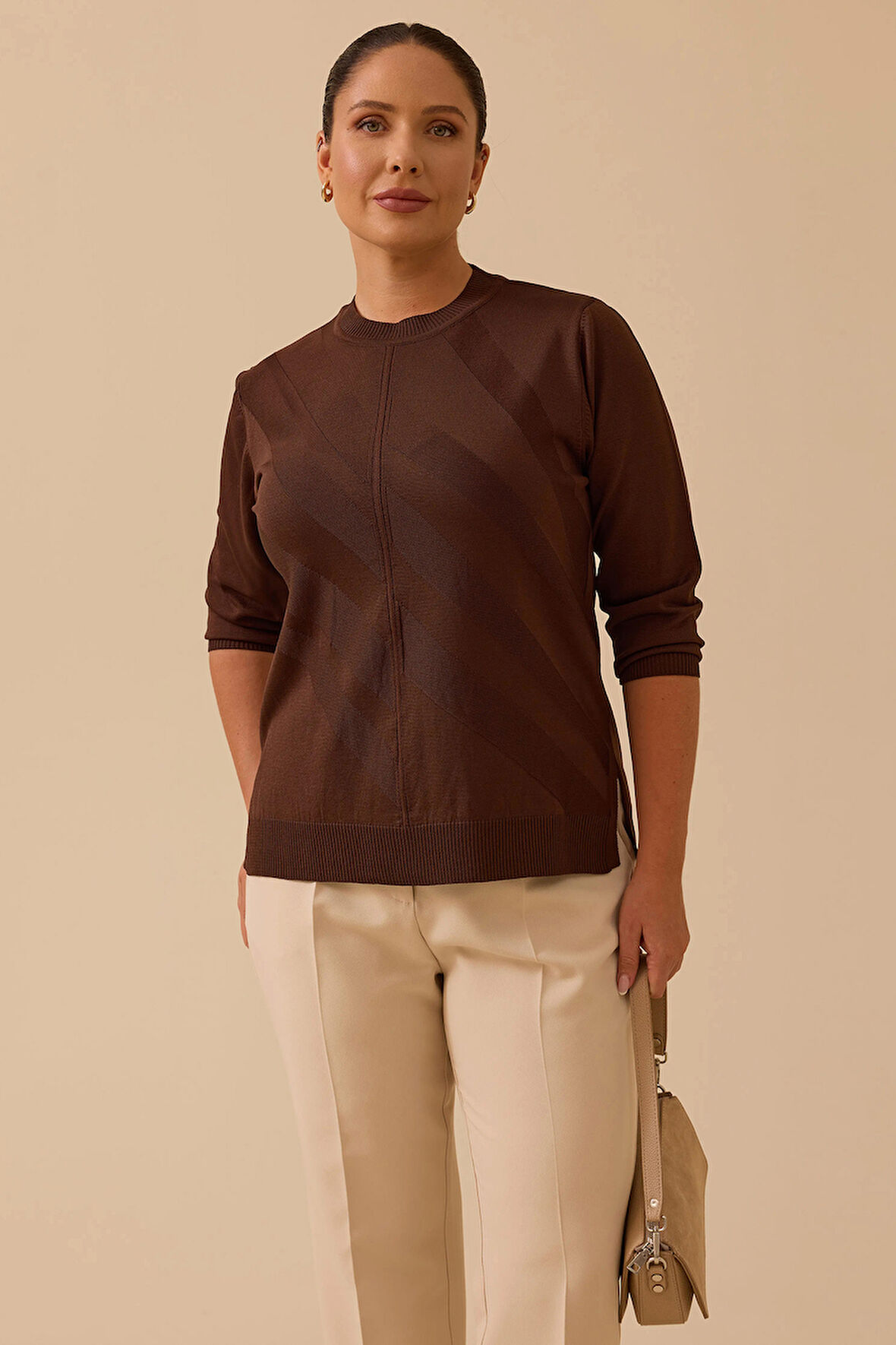 Galaxi Kadın Büyük Beden Desenli Triko Bluz 4006 Kahverengi