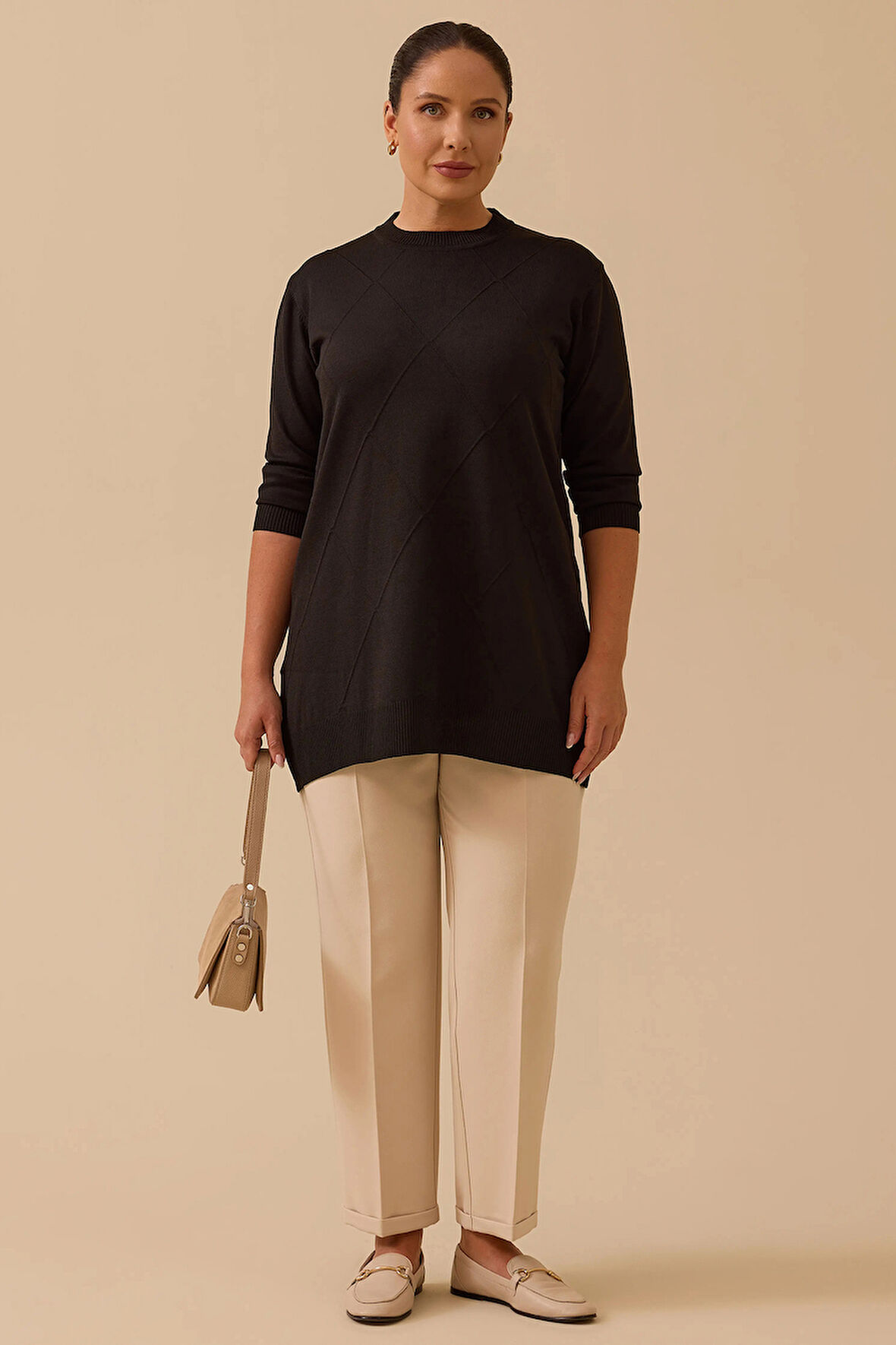 Galaxi Kadın Büyük Beden Desenli Basic Triko Tunik 4008 Siyah