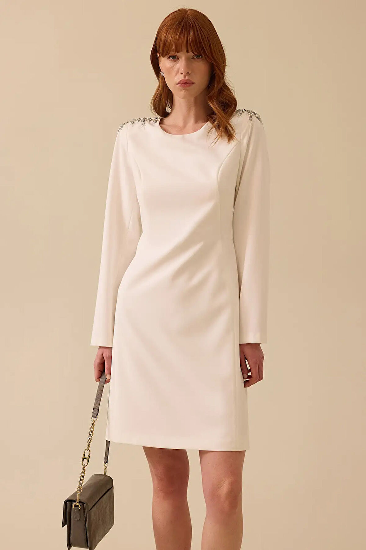 Kadın Uzun Kollu Sırt Dekolteli Diz Üstü Elbise - Ekru | 40