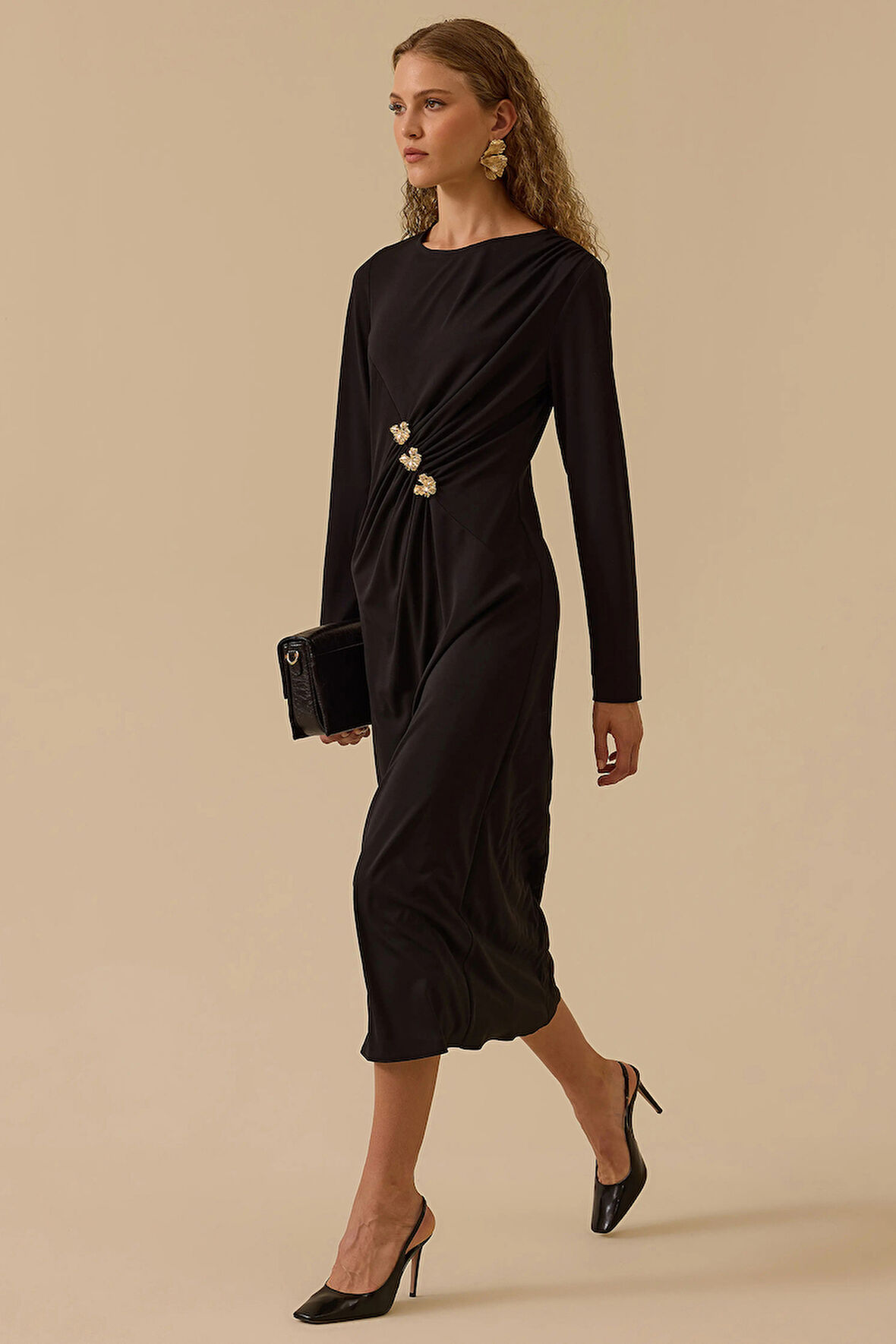 Seçil Kadın Gold Aksesuar Detaylı Drapeli Elbise 0003 Siyah