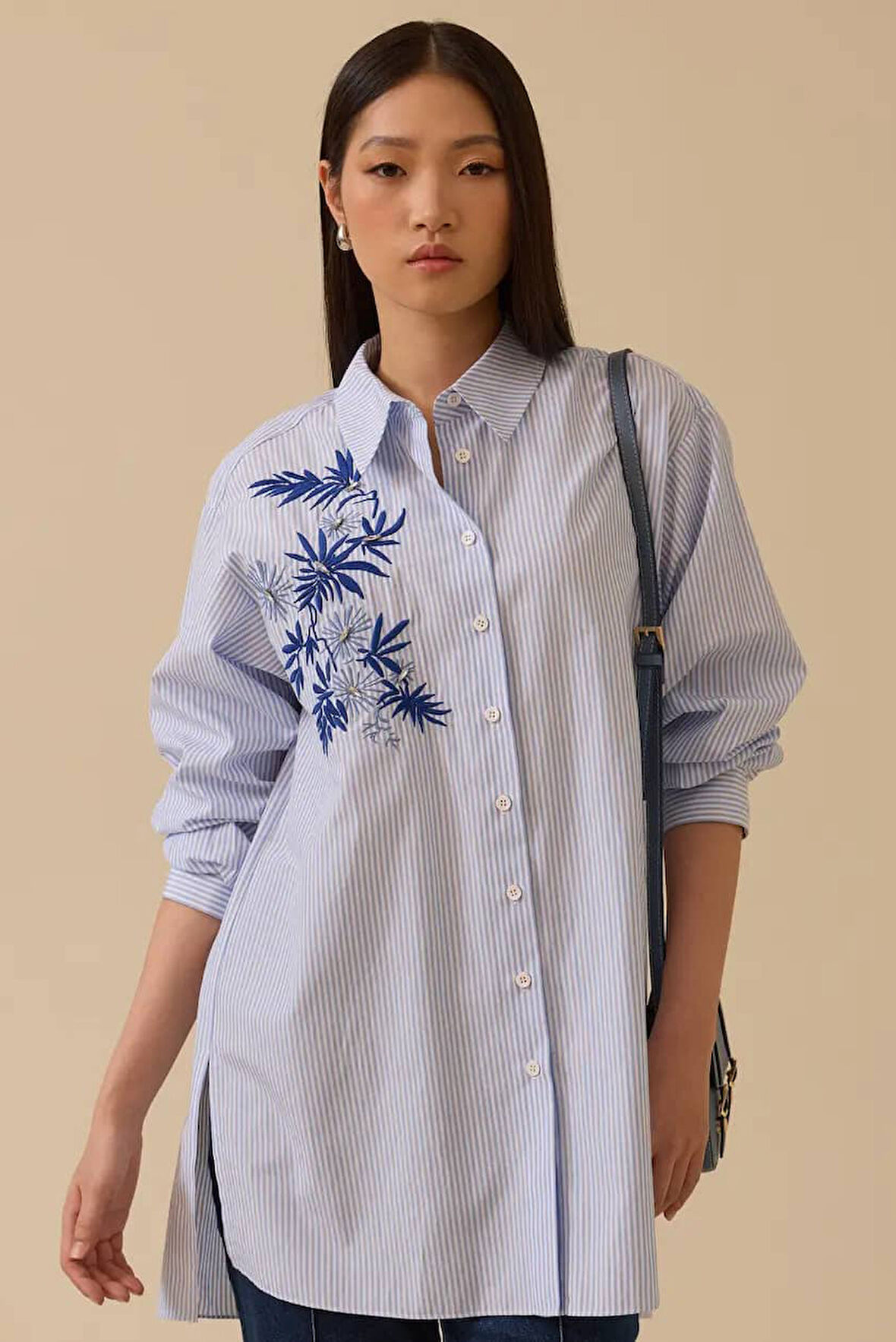 Kadın Rahat Kesim Nakış Detaylı Tunik Gömlek - Mavi | 42