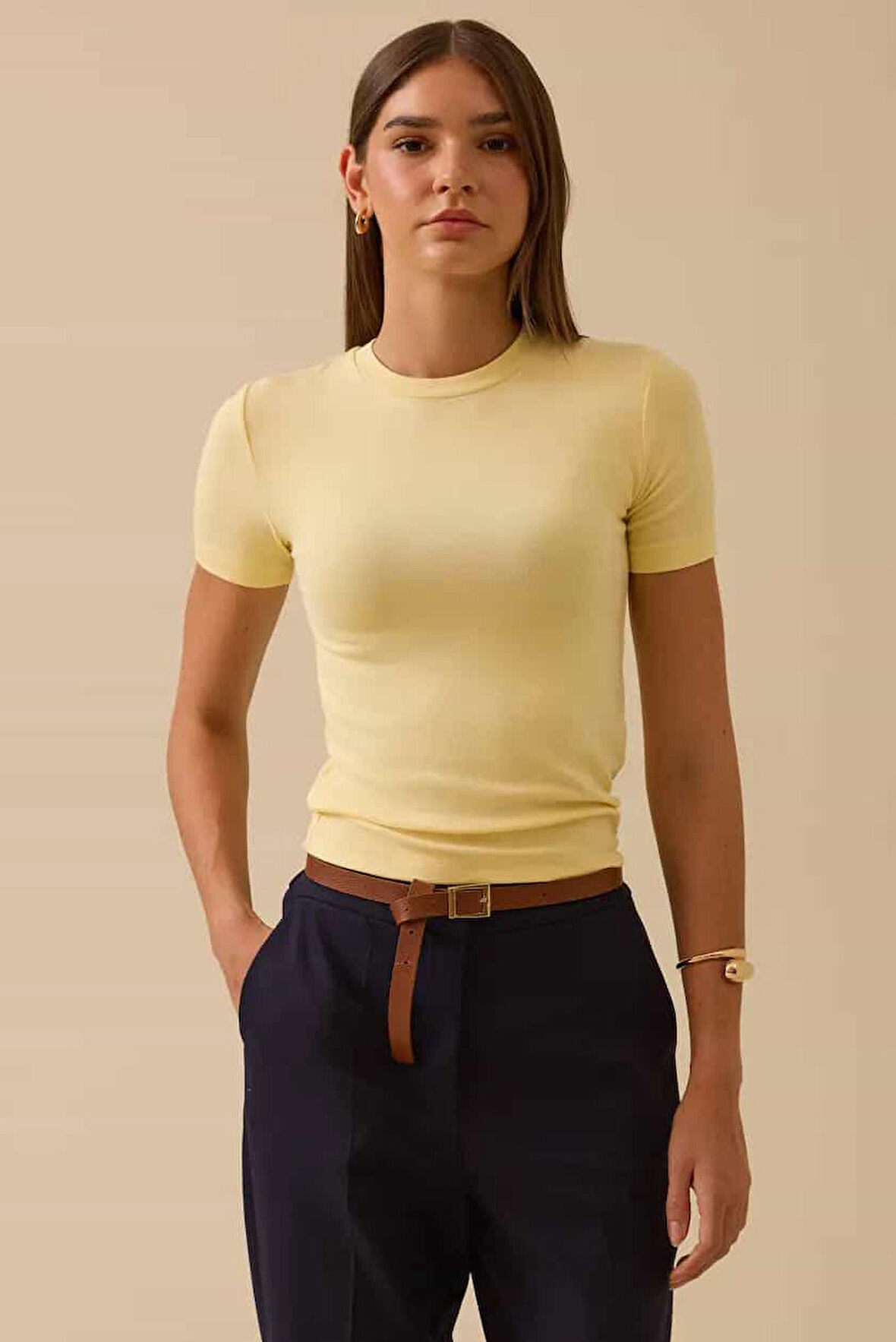 Kadın Yuvarlak Yaka Kısa Kollu Basic T-Shirt - Sarı | S
