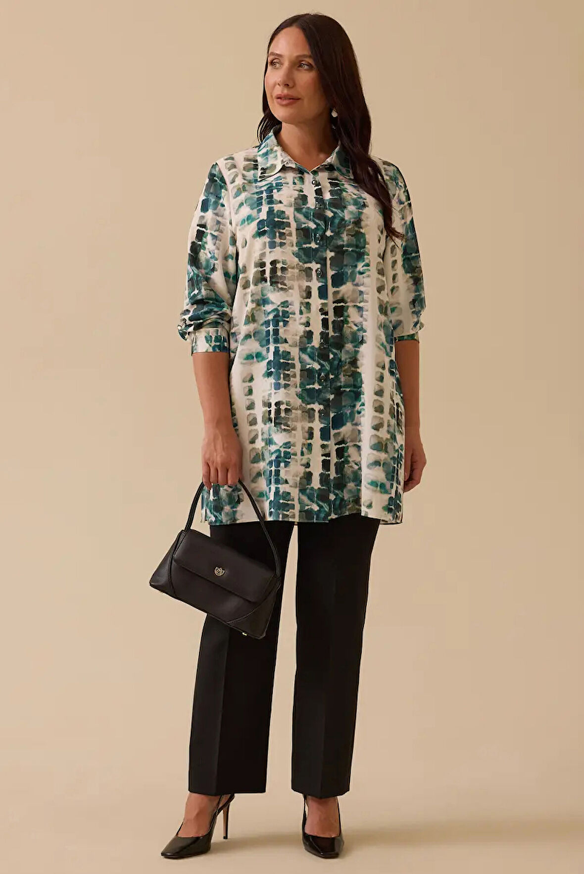 Kadın Büyük Beden Gömlek Yaka Desenli Tunik - Yeşil | 44