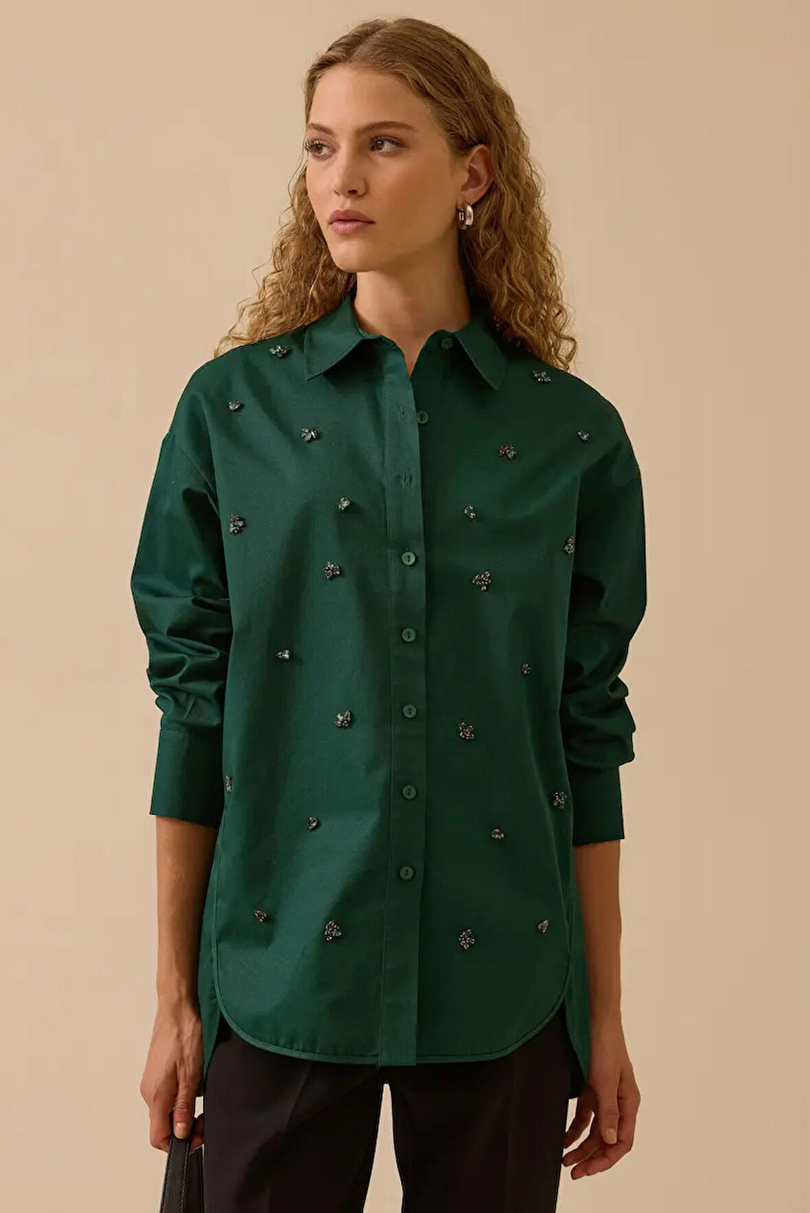 Kadın Taş İşlemeli Gömlek - Yeşil | 40