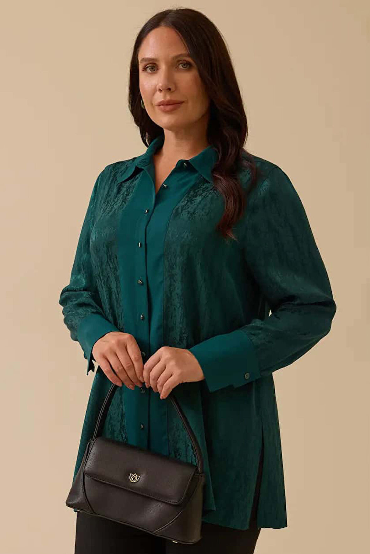 Kadın Büyük Beden Jakarlı Saten Gömlek - Yeşil | 46